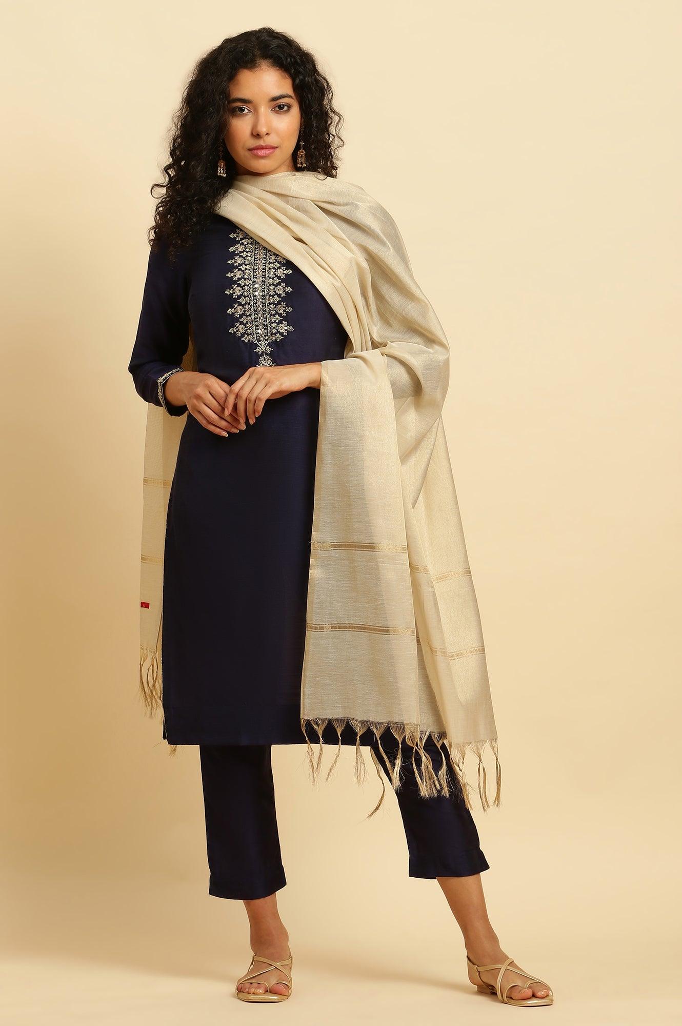 Blue Zari Embroidered Straight Kurta, Pants And Dupatta Set - wforwoman
