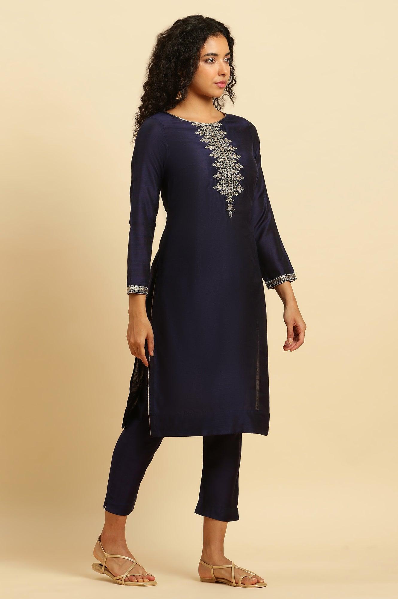 Blue Zari Embroidered Straight Kurta, Pants And Dupatta Set - wforwoman