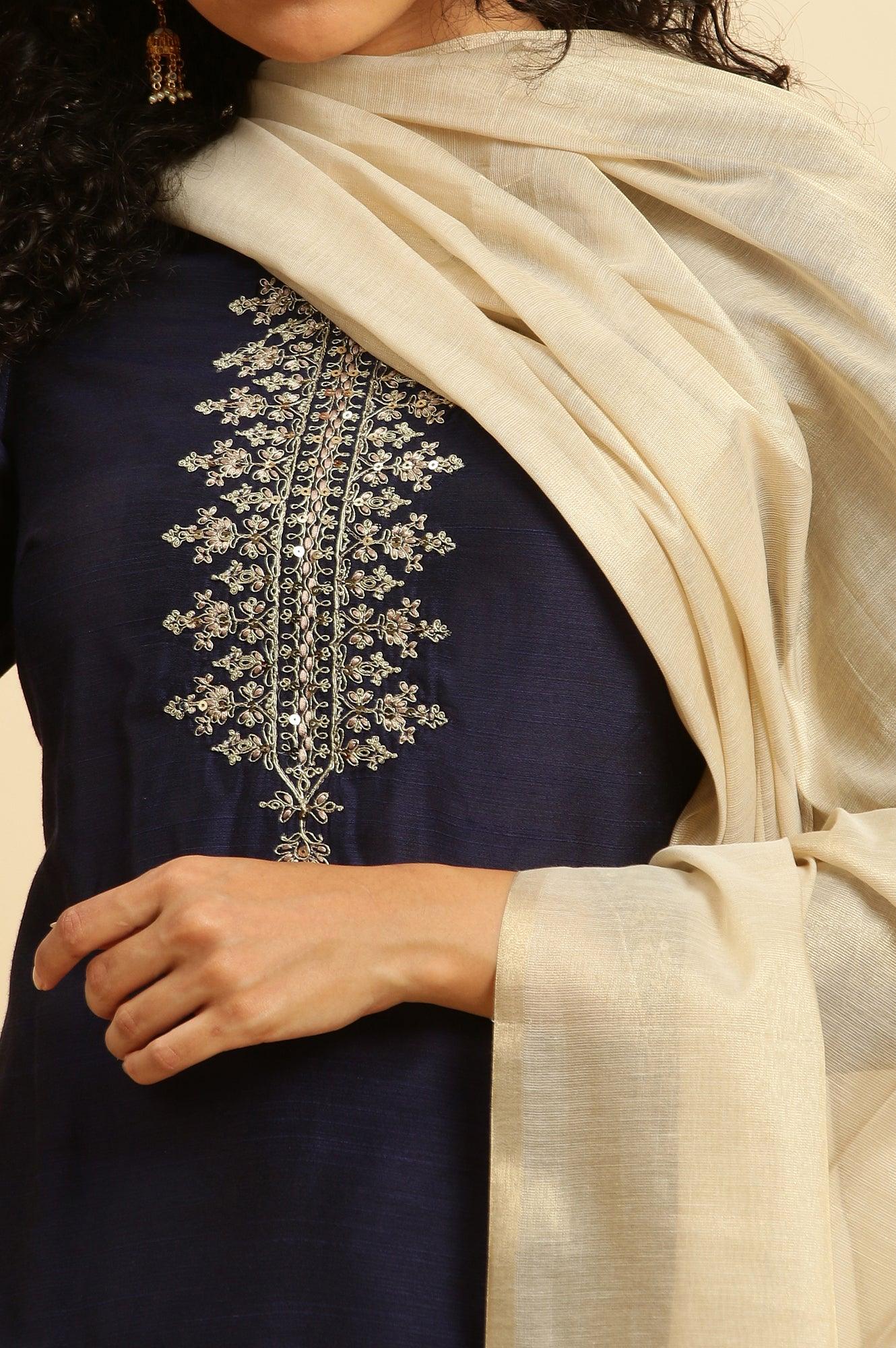 Blue Zari Embroidered Straight Kurta, Pants And Dupatta Set - wforwoman