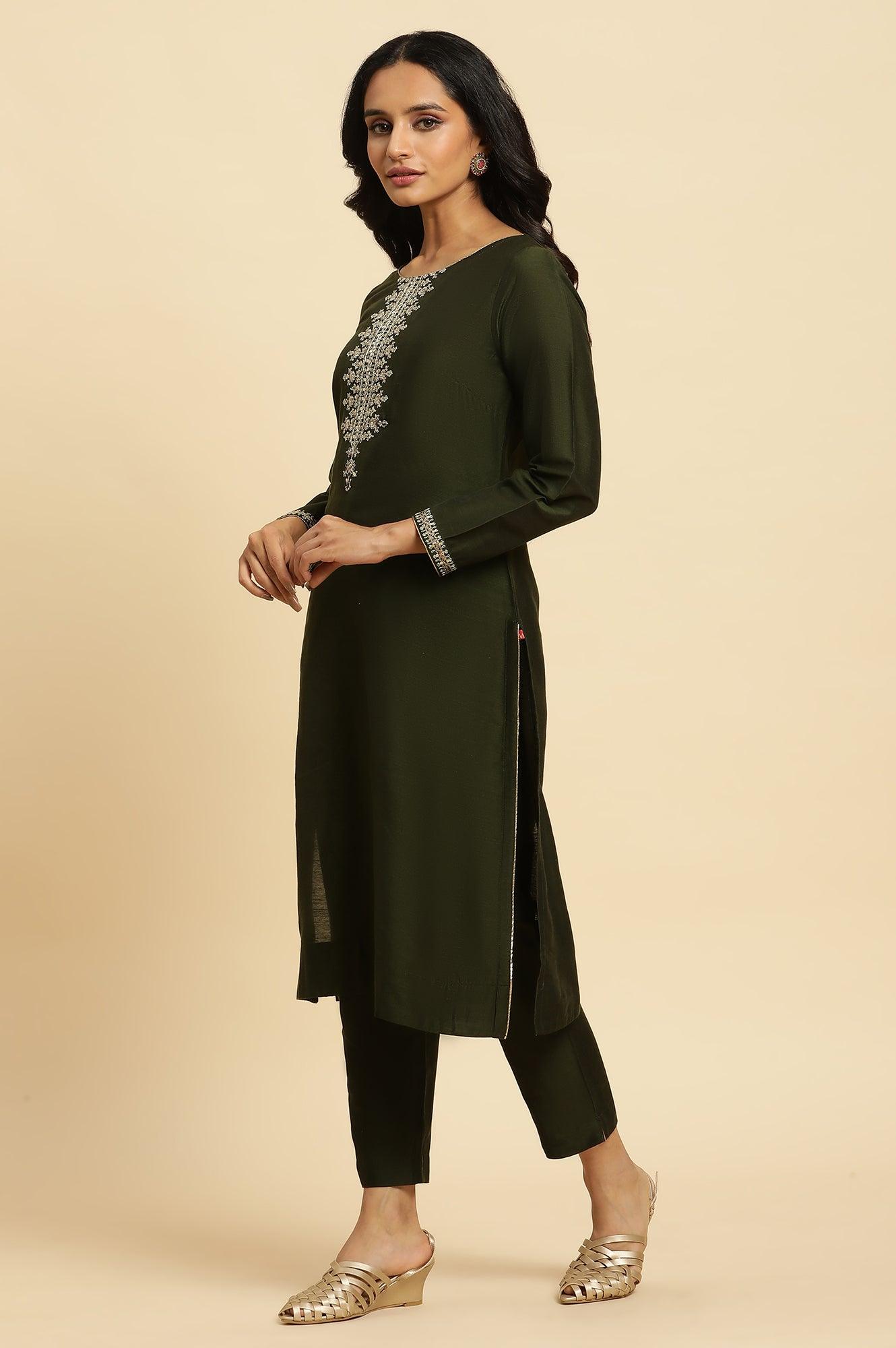 Green Zari Embroidered Straight Kurta, Pant And Dupatta Set - wforwoman