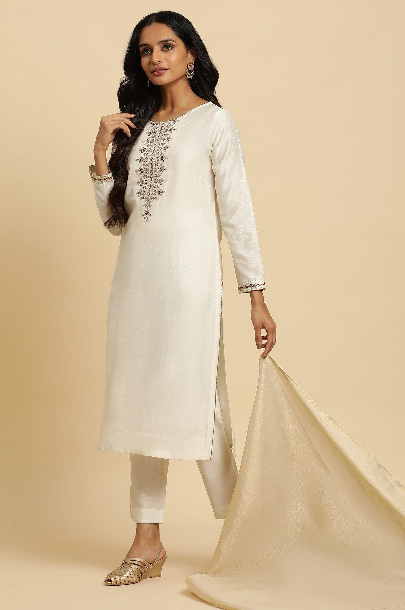 Ivory Zari Embroidered Straight Kurta, Pant And Dupatta Set - wforwoman
