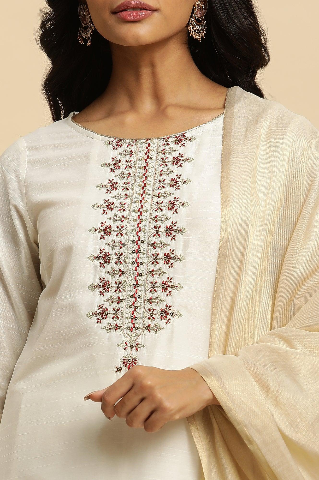 Ivory Zari Embroidered Straight Kurta, Pant And Dupatta Set - wforwoman