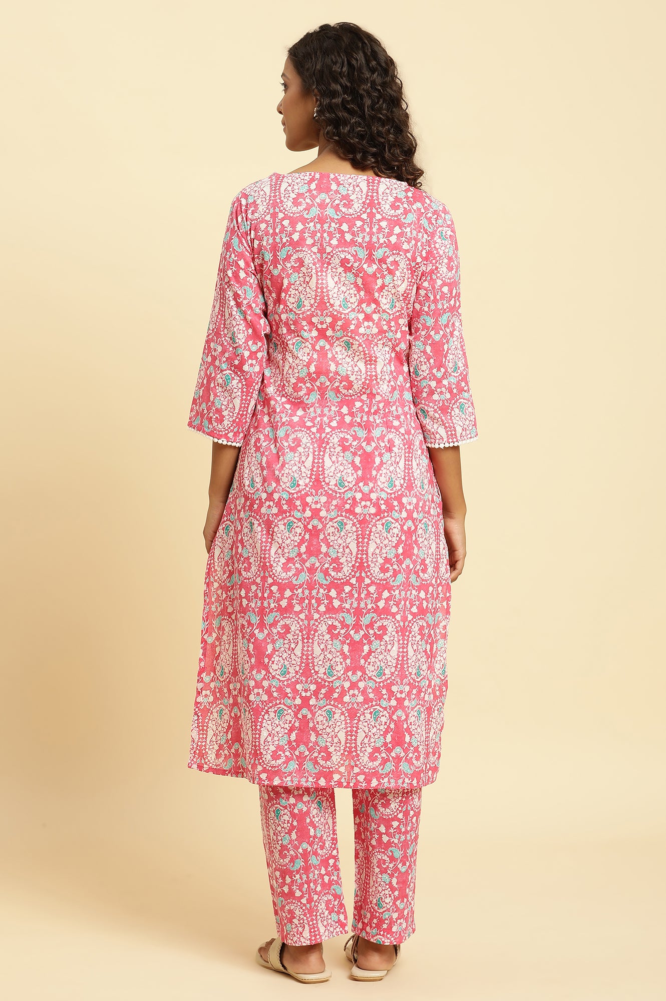Pink Printed Straight Kurta And Pants Co-Ord Set - wforwoman