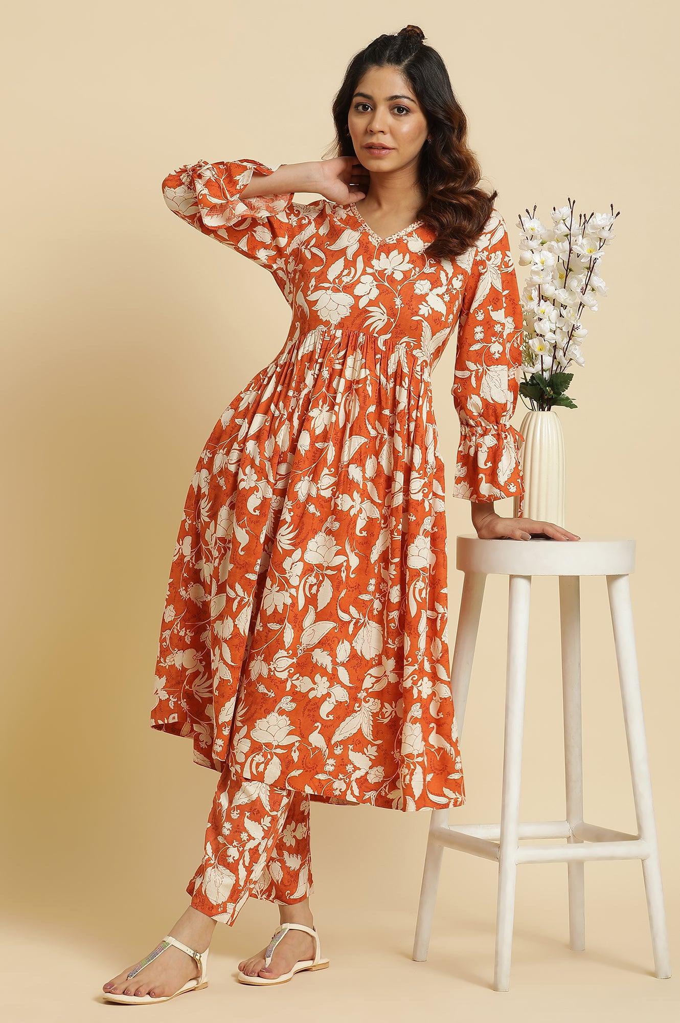 Dark Orange Floral Printed Kurta & Pants Co-Ord Set - wforwoman
