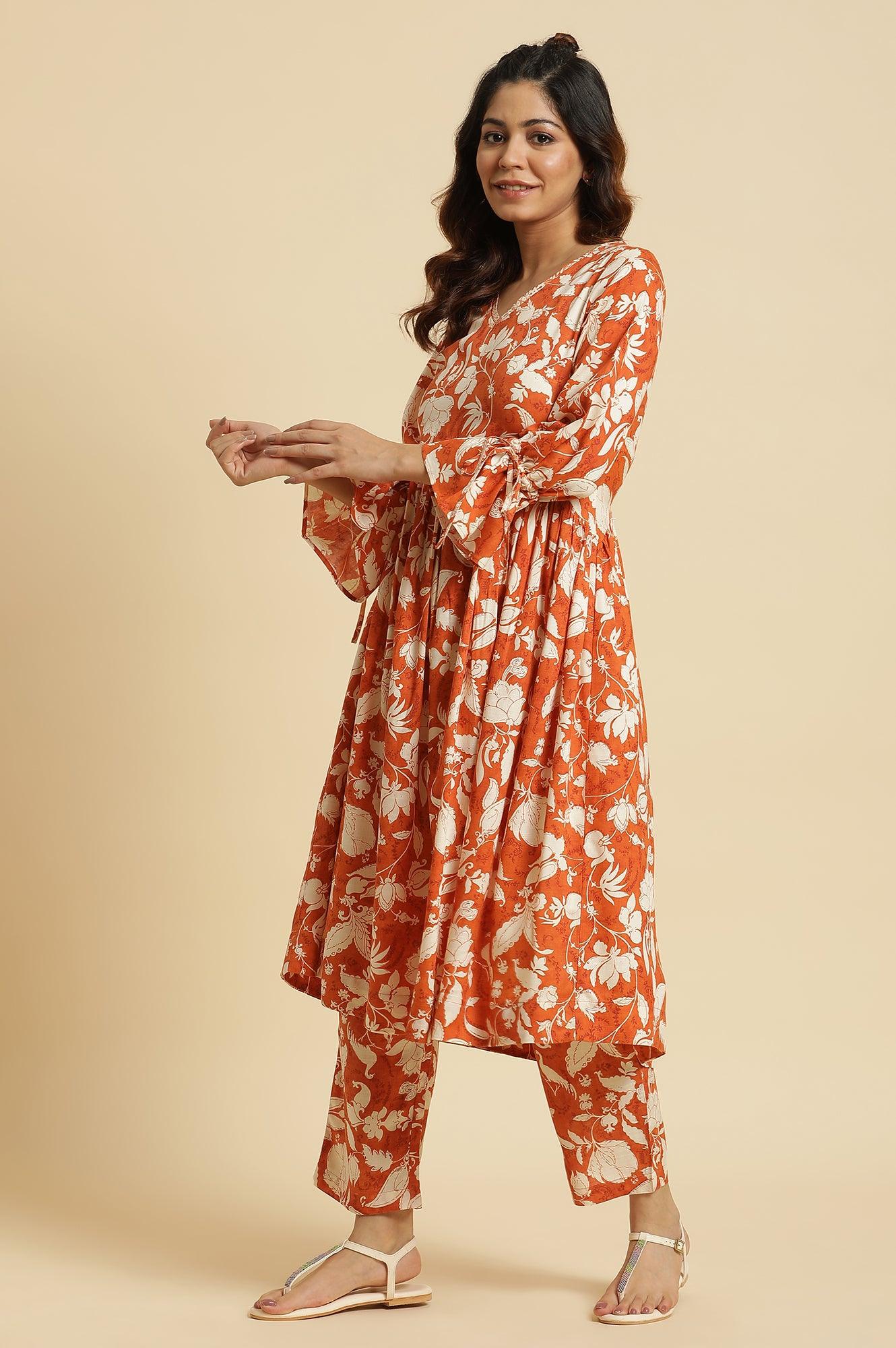 Dark Orange Floral Printed Kurta & Pants Co-Ord Set - wforwoman