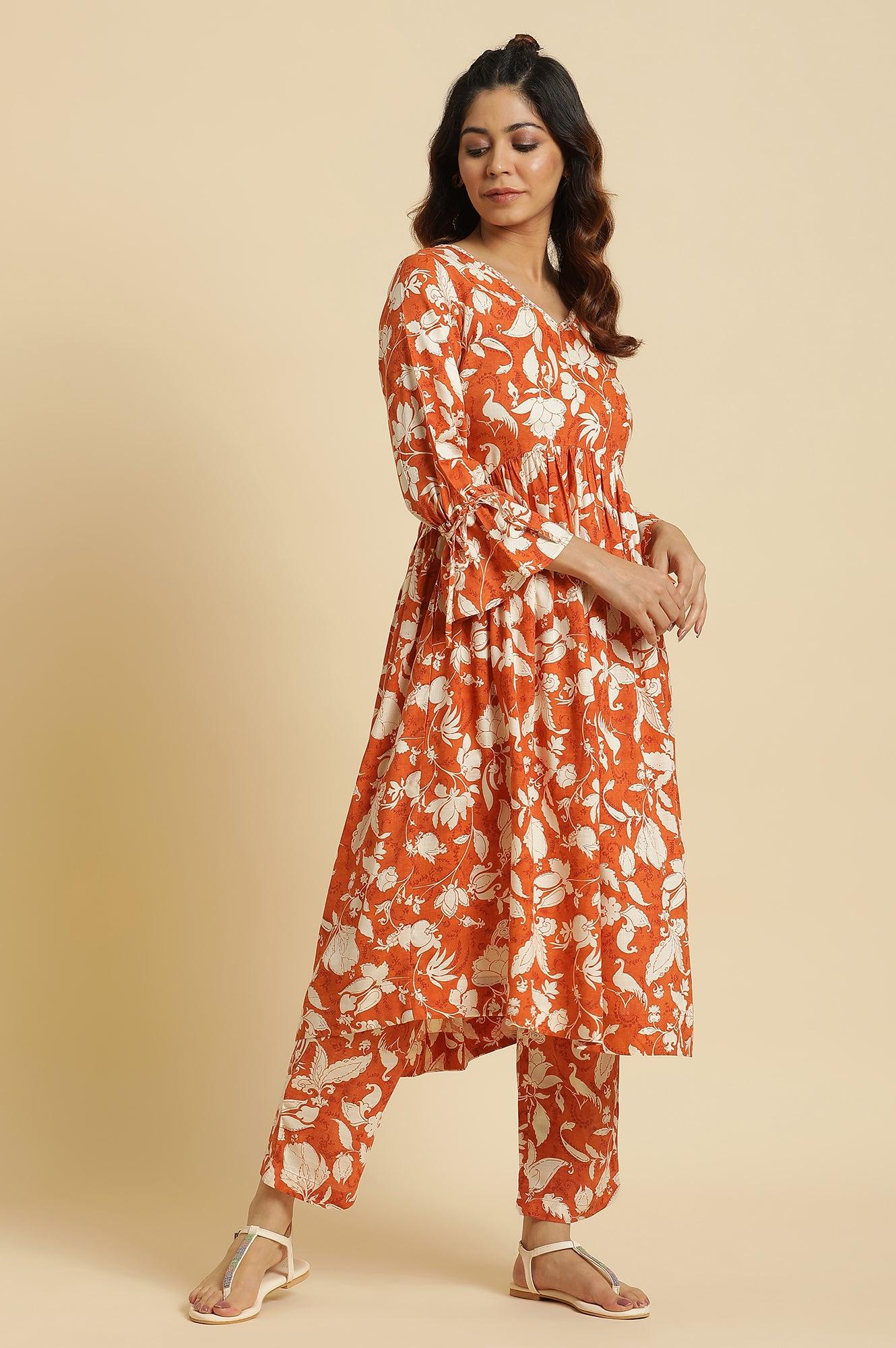 Dark Orange Floral Printed Kurta & Pants Co-Ord Set - wforwoman
