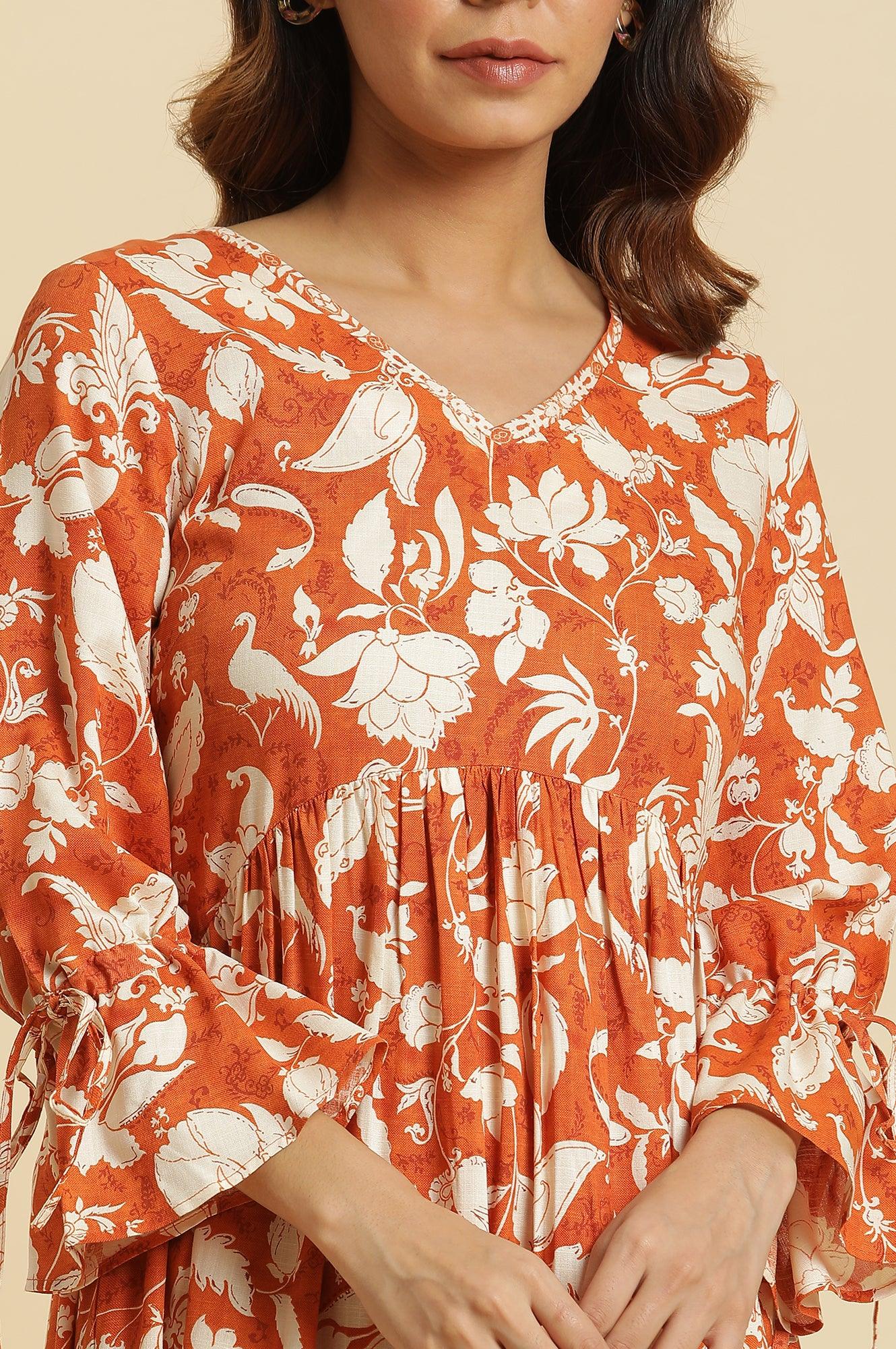 Dark Orange Floral Printed Kurta & Pants Co-Ord Set - wforwoman