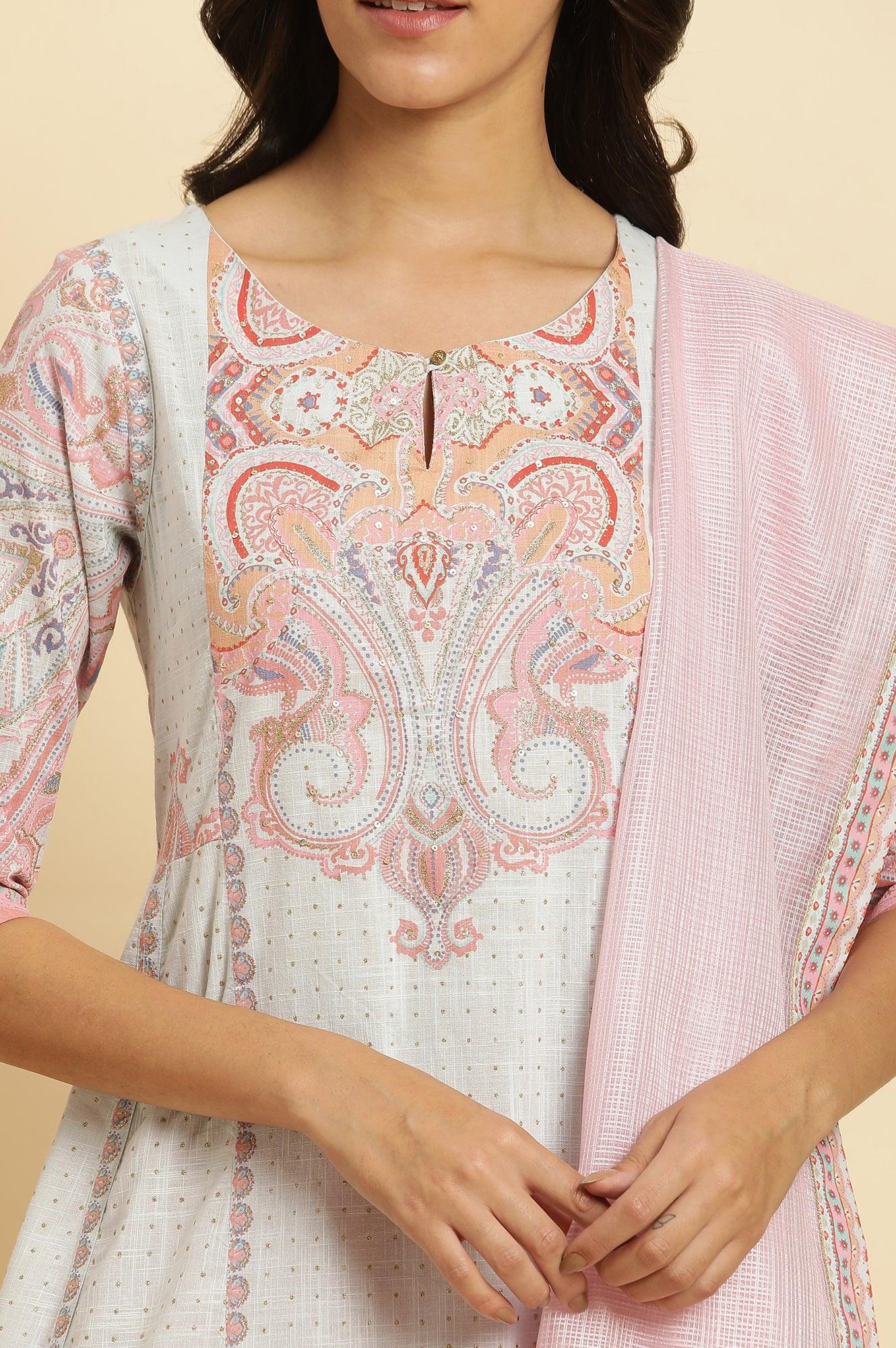 Blue Paisley Printed Anarkali Kurta, Pants & Dupatta Set - wforwoman