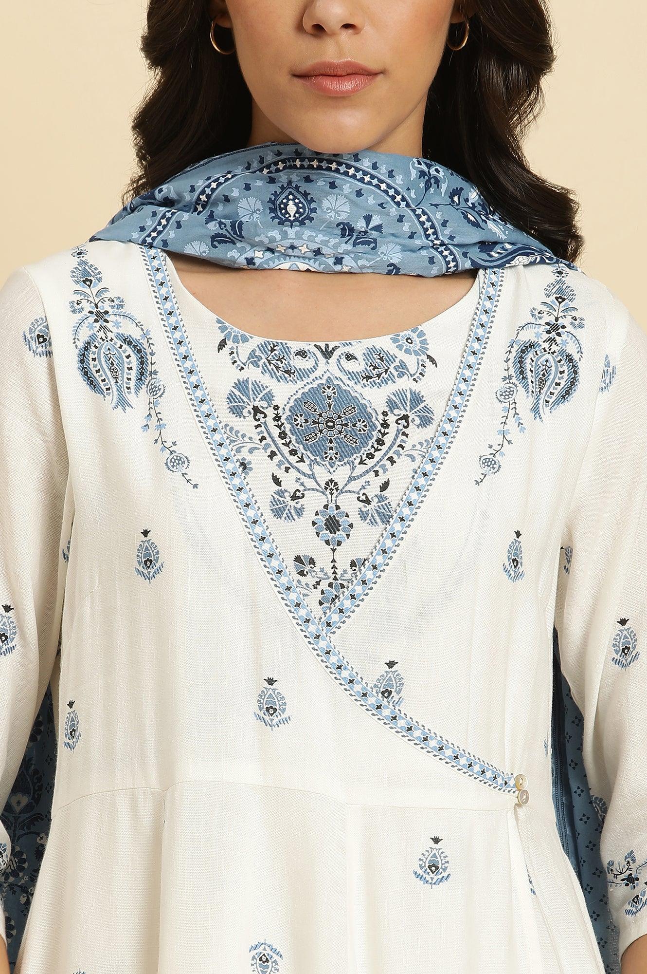 White Panelled Mock Angrakha Kurta, Pants & Dupatta Set - wforwoman