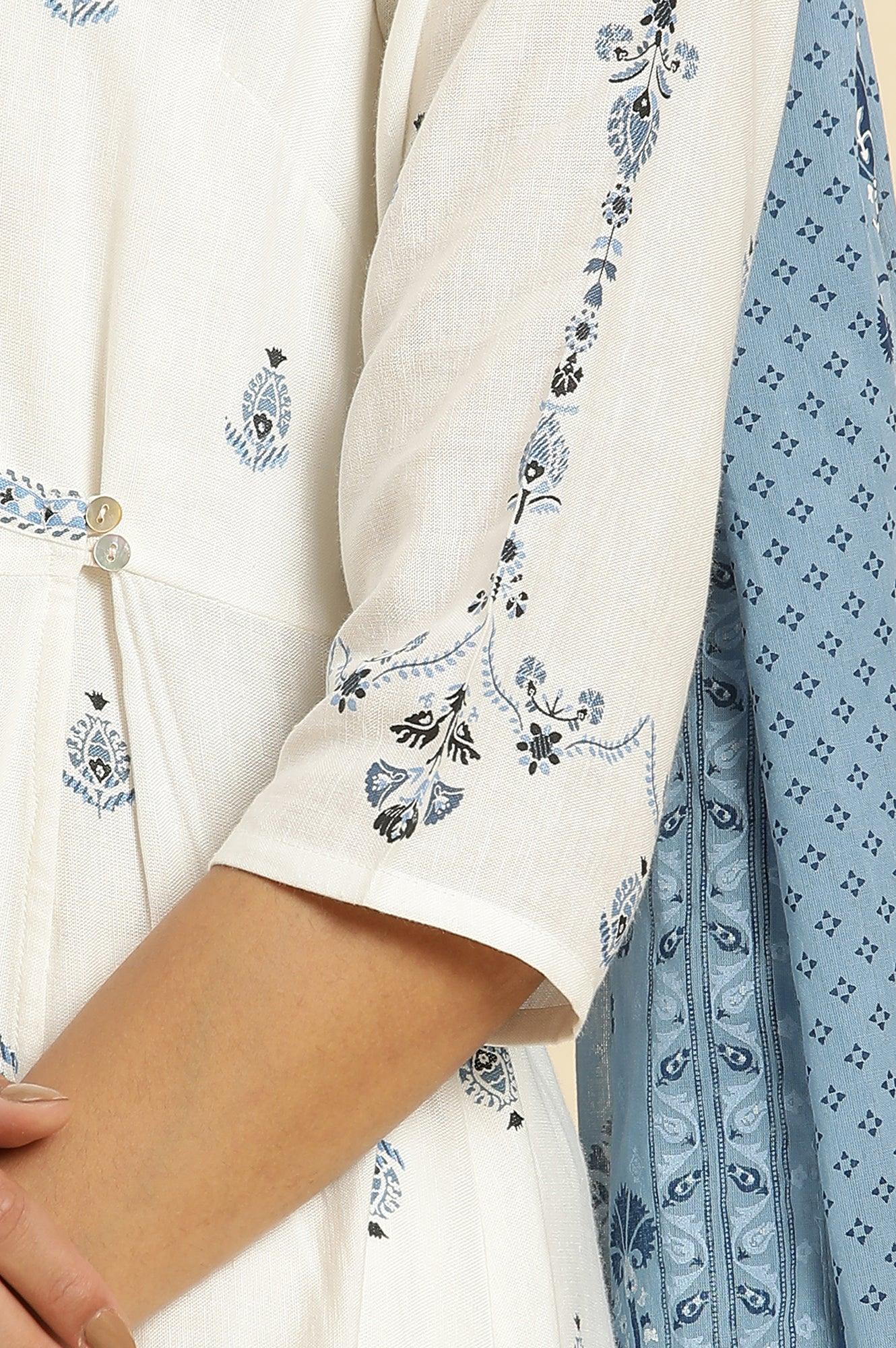 White Panelled Mock Angrakha Kurta, Pants & Dupatta Set - wforwoman