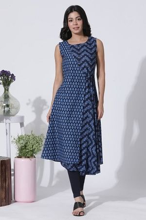 Blue Mock Wrap Printed Flared Kurta And Tights Set