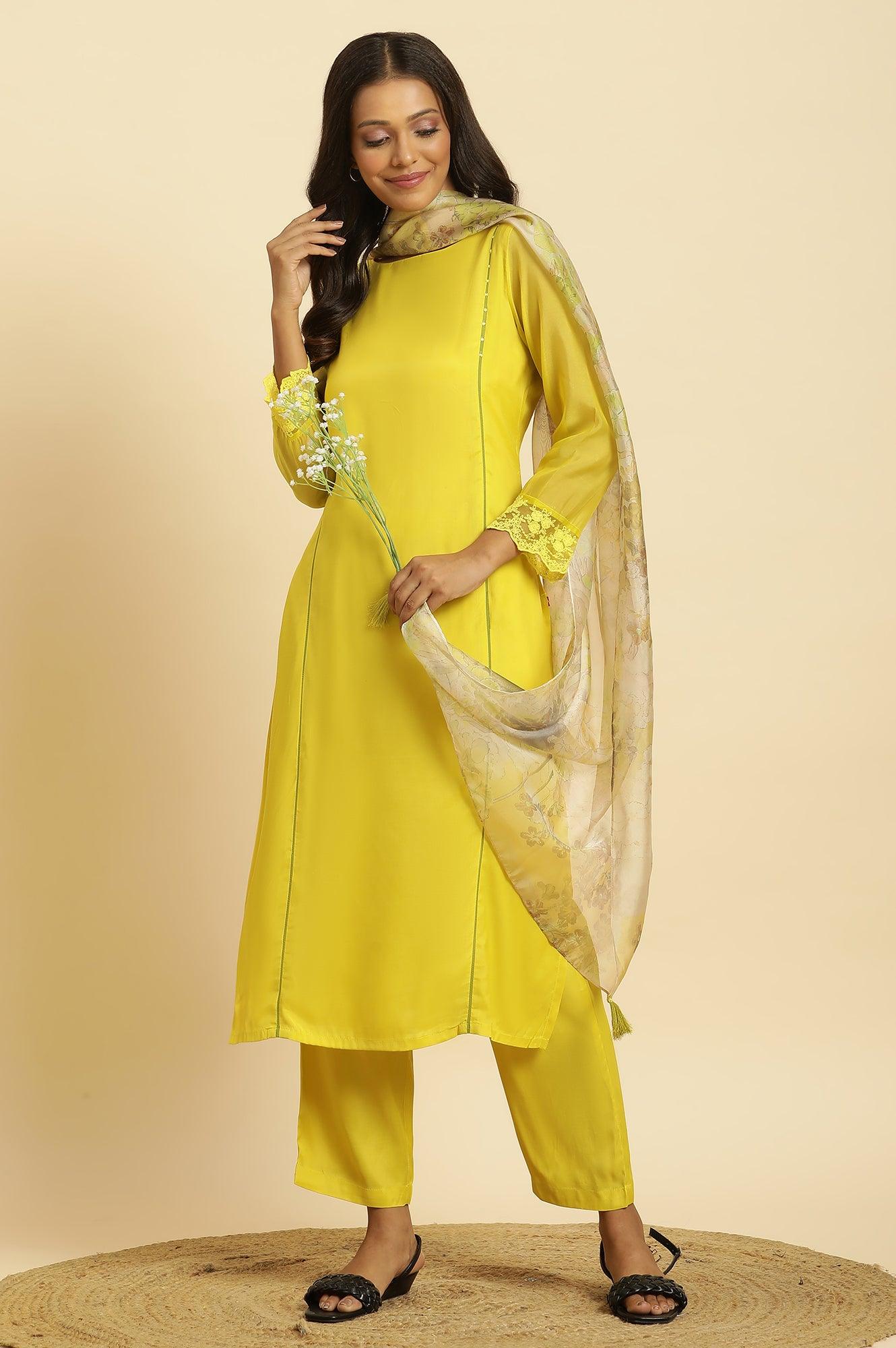 Lime Green Lace Kurta Pants and Dupatta Set XS