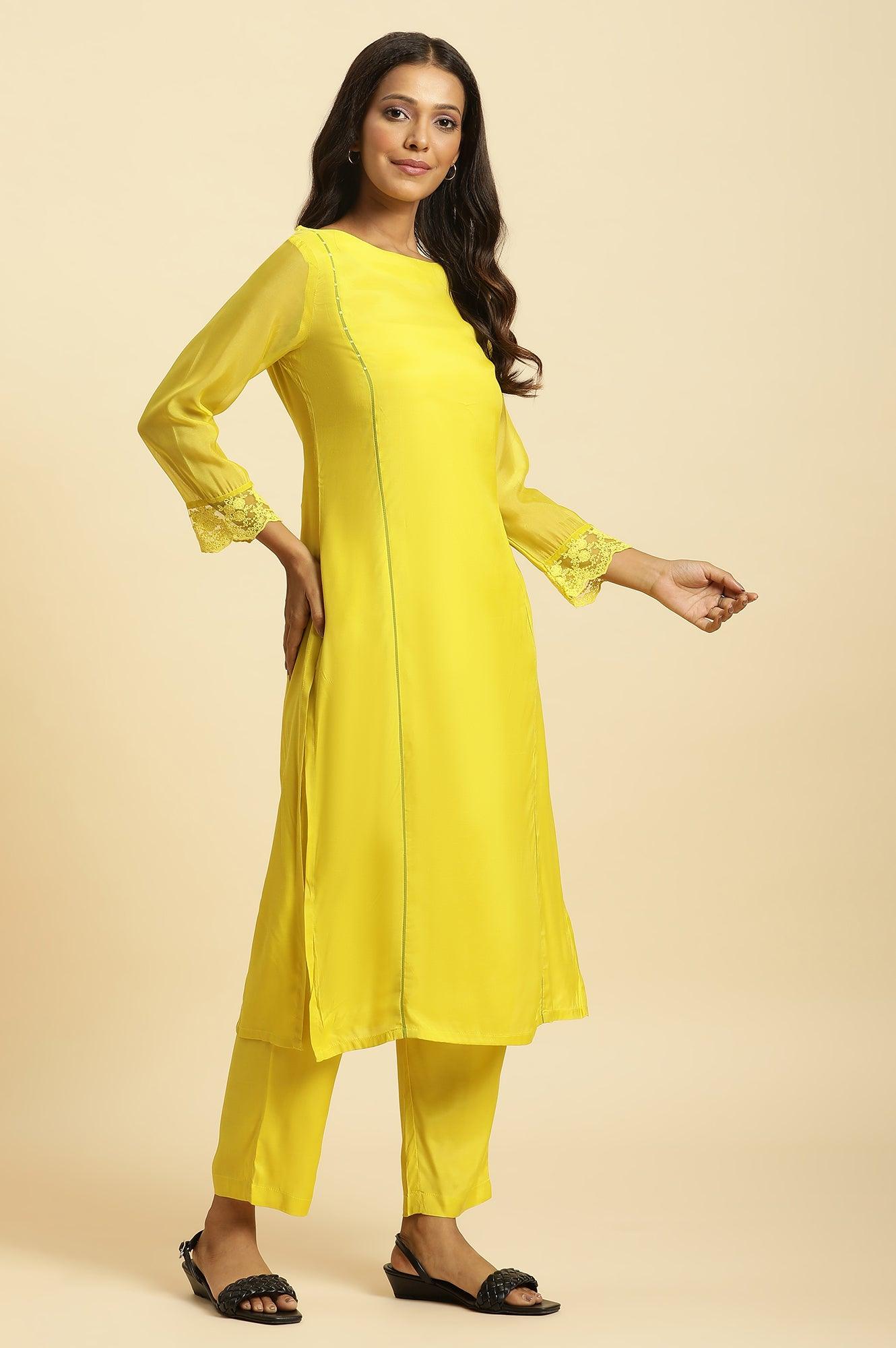 Lime Green Lace Work Kurta, Pants And Dupatta Set - wforwoman