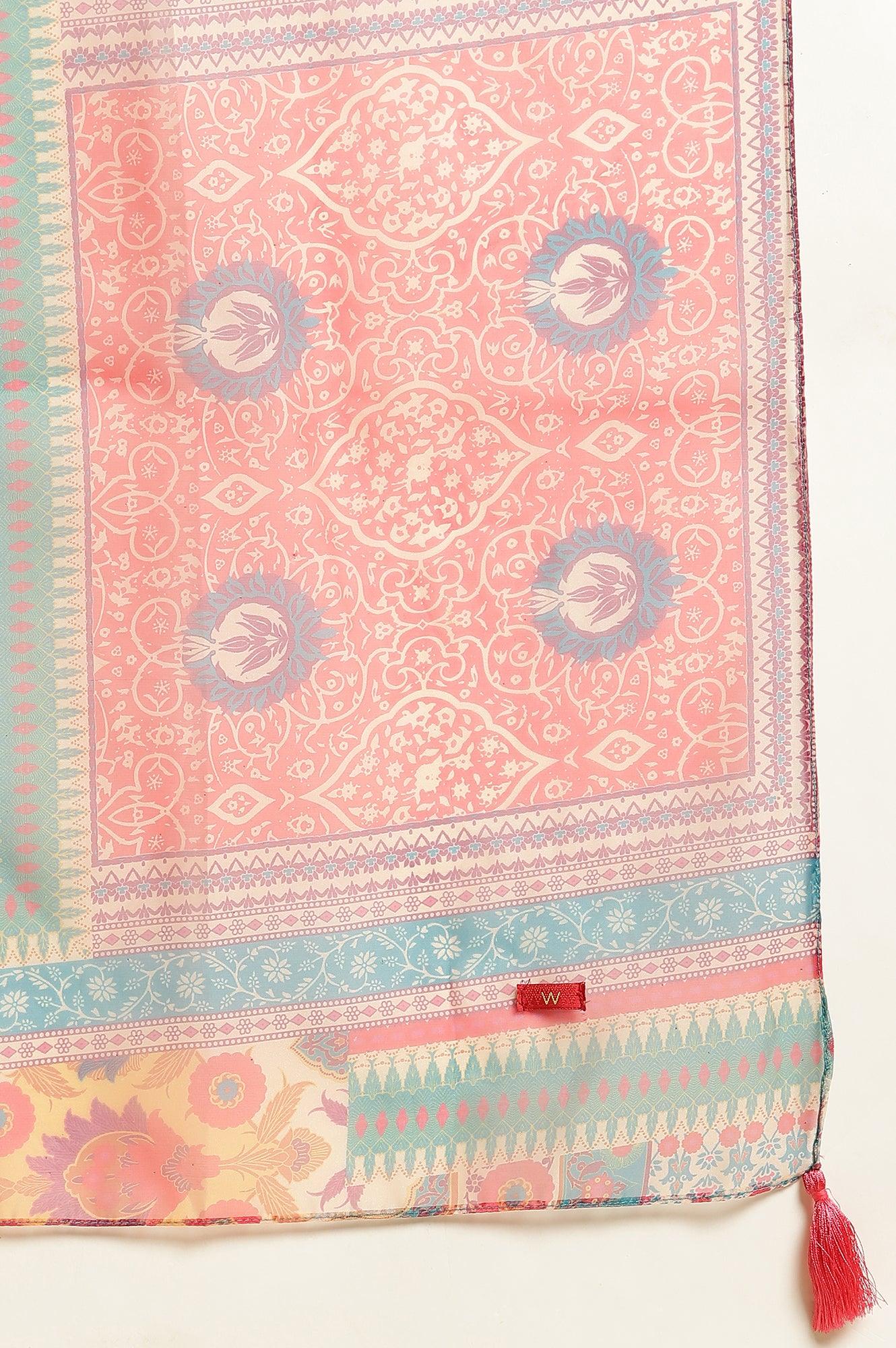 Pink Lace Work Kurta, Pants And Dupatta Set - wforwoman