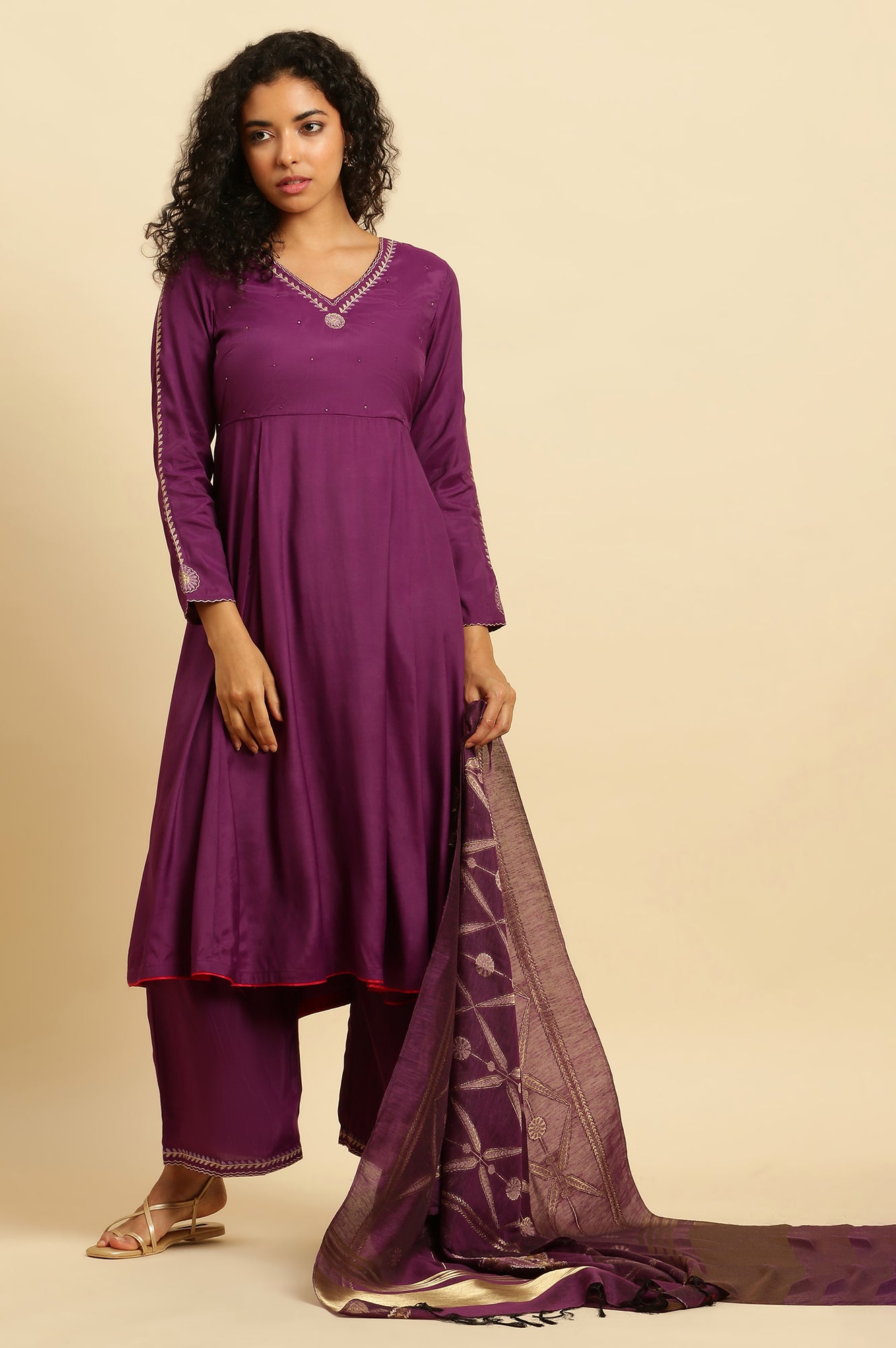 Purple Anarkali Festive Kurta, Parallel Pants And Dupatta Set - wforwoman