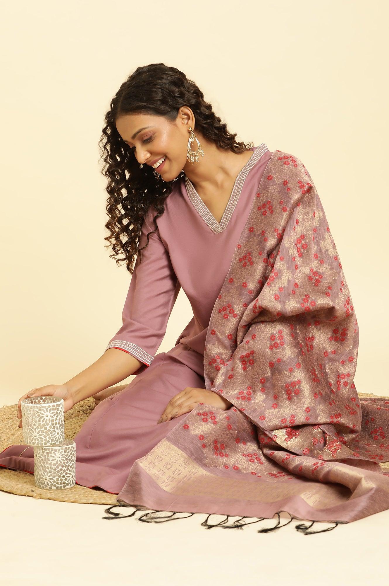 Orchid Pink Embellished Kurta, Pants And Jacquard Dupatta Set - wforwoman