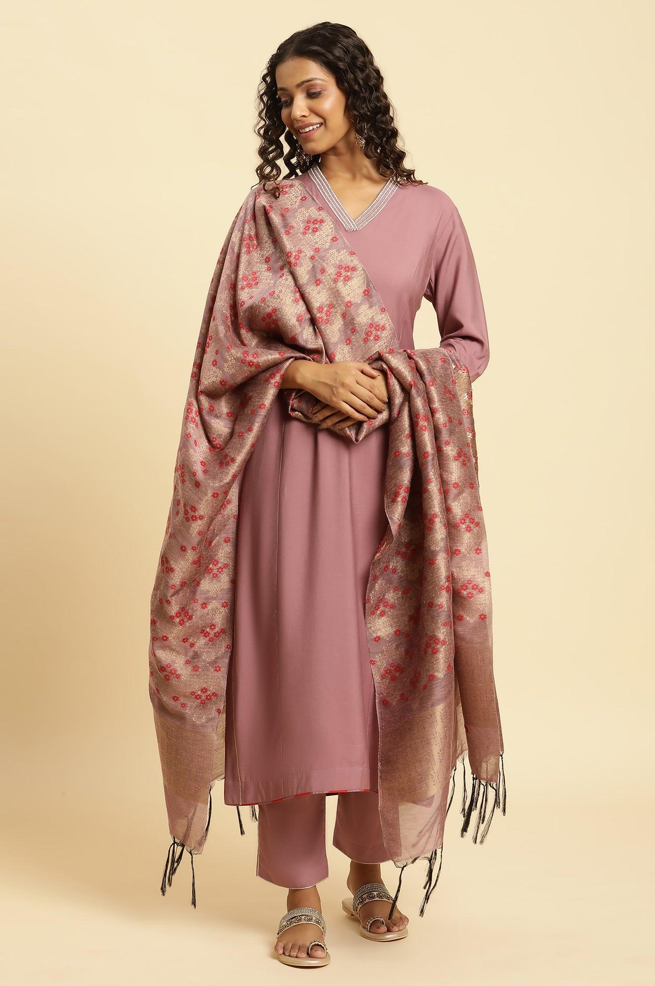 Orchid Pink Embellished Kurta, Pants And Jacquard Dupatta Set - wforwoman