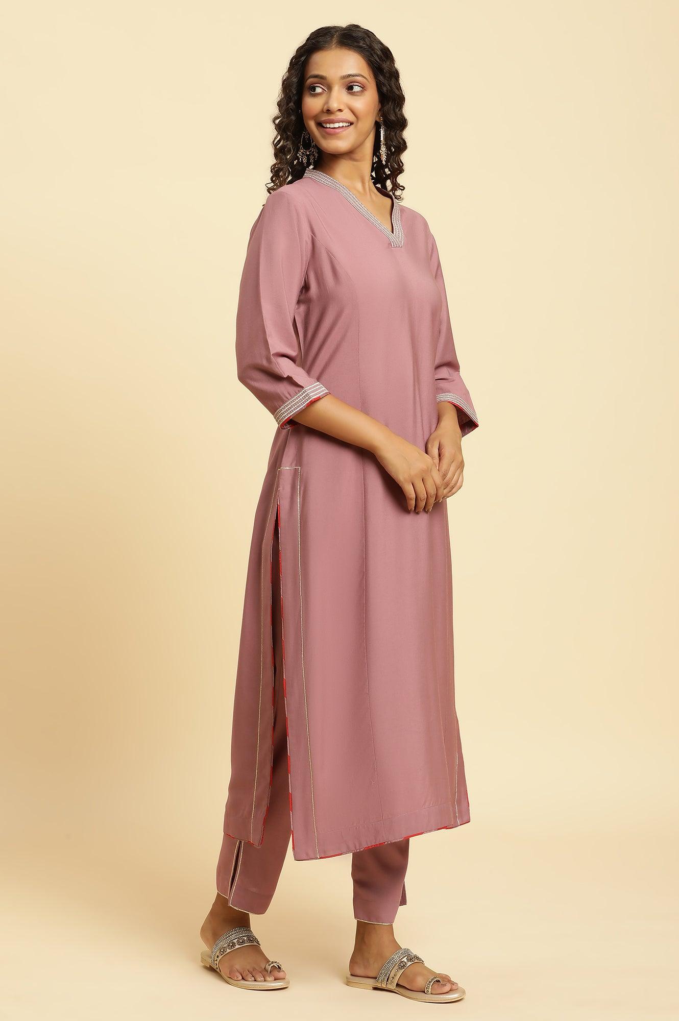 Orchid Pink Embellished Kurta, Pants And Jacquard Dupatta Set - wforwoman