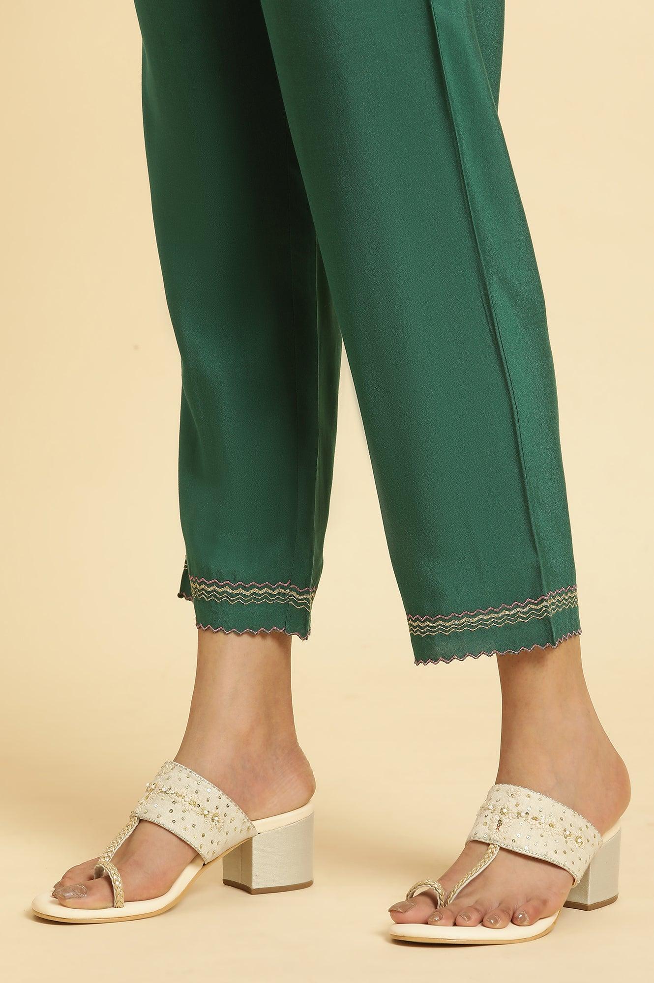 Green Solid Kurta, Pants And Jacquard Dupatta - wforwoman