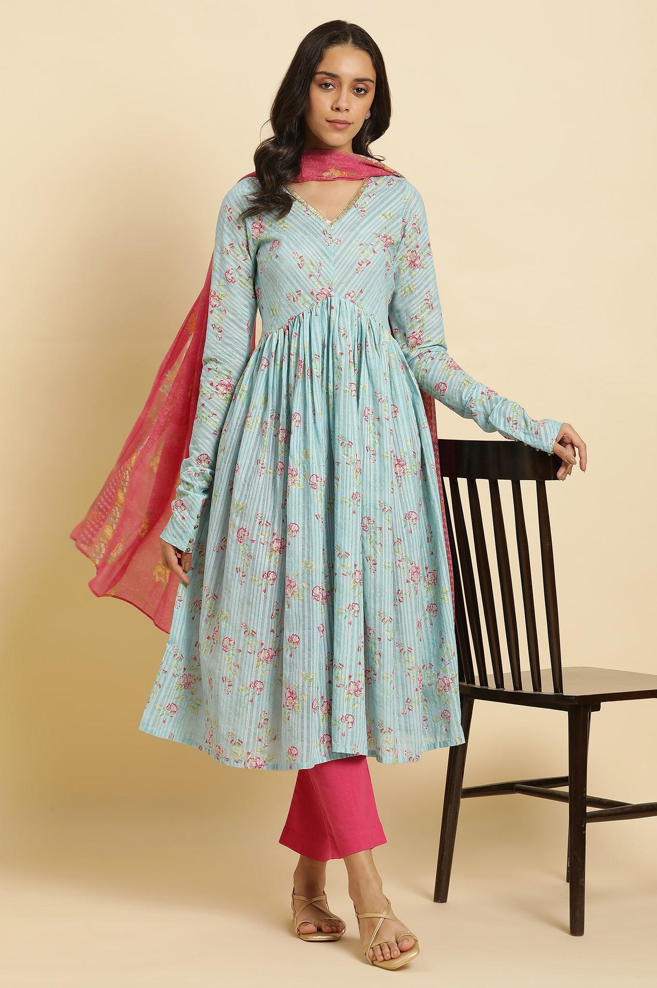 Blue Printed Anarkali Kurta, Pants & Dupatta Set - wforwoman