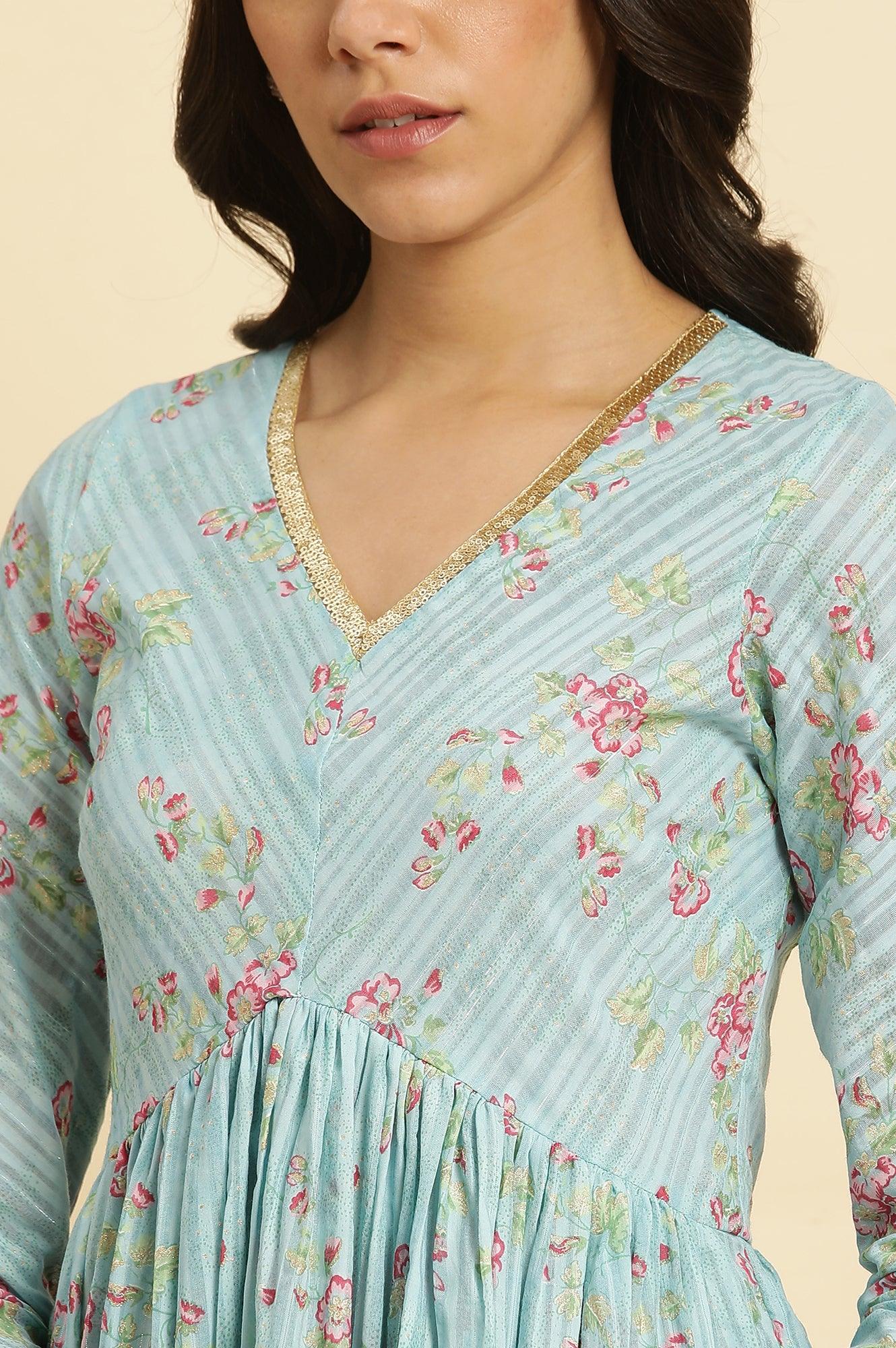 Blue Printed Anarkali Kurta, Pants & Dupatta Set - wforwoman