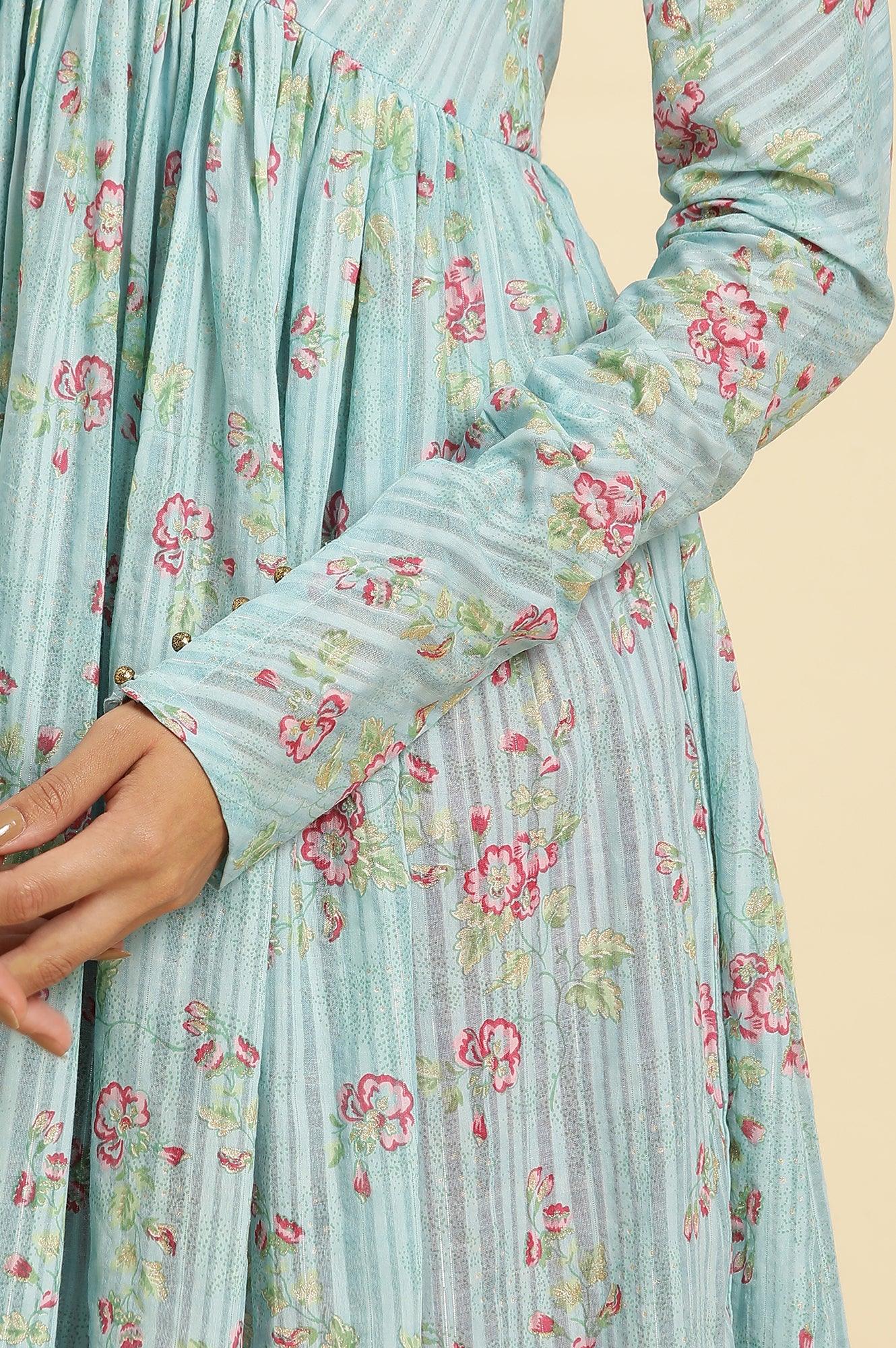 Blue Printed Anarkali Kurta, Pants & Dupatta Set - wforwoman