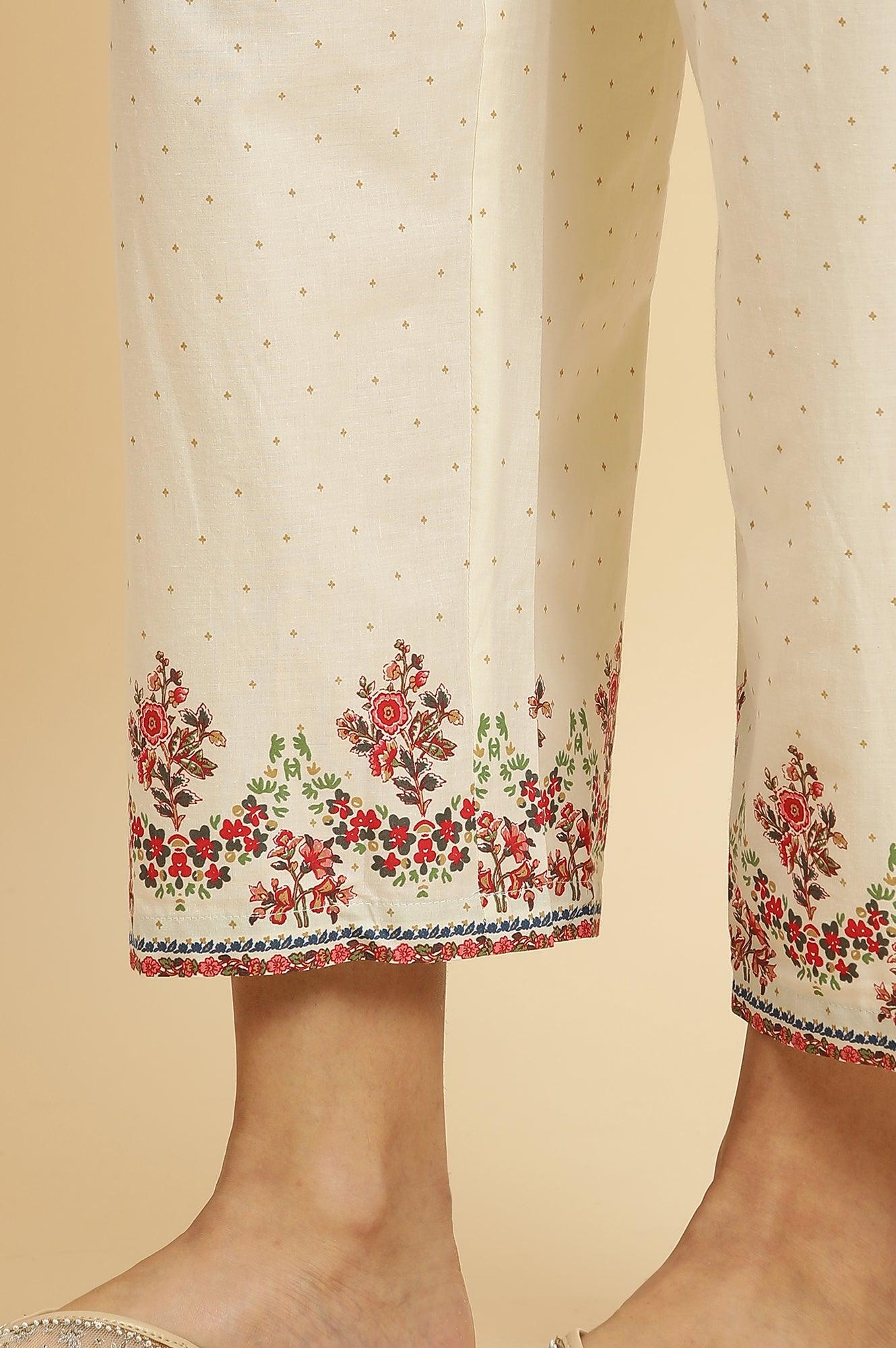 Ecru Printed Kurta & Straight Pants Set - wforwoman