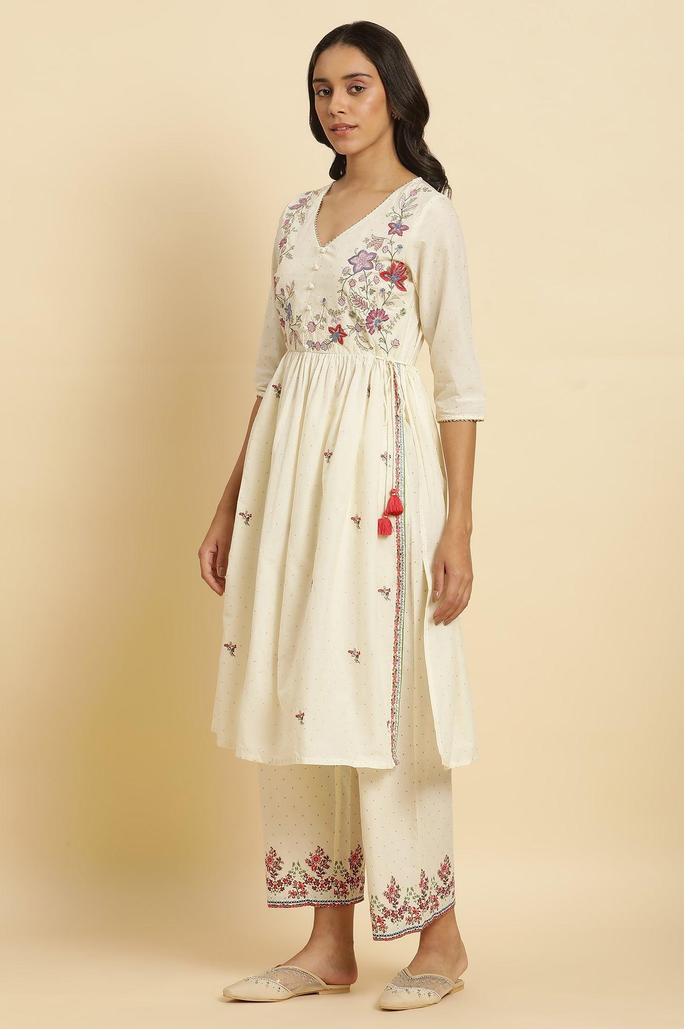 Ecru Printed Kurta & Straight Pants Set - wforwoman