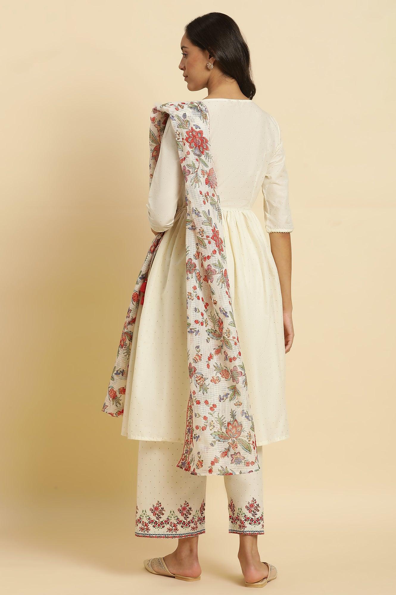 Ecru Printed Kurta & Straight Pants Set - wforwoman