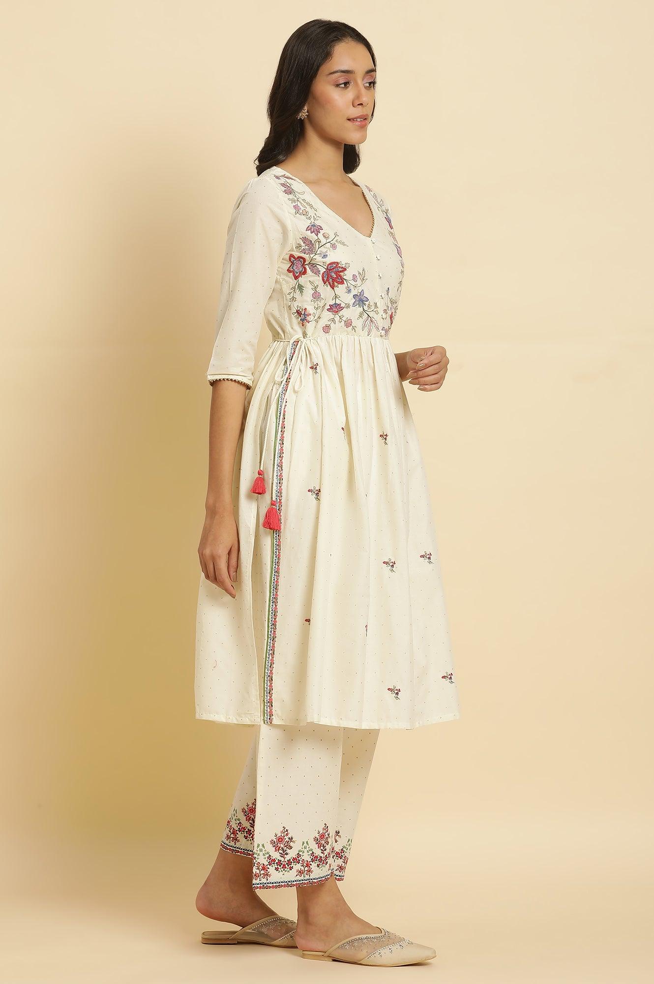 Ecru Printed Kurta & Straight Pants Set - wforwoman