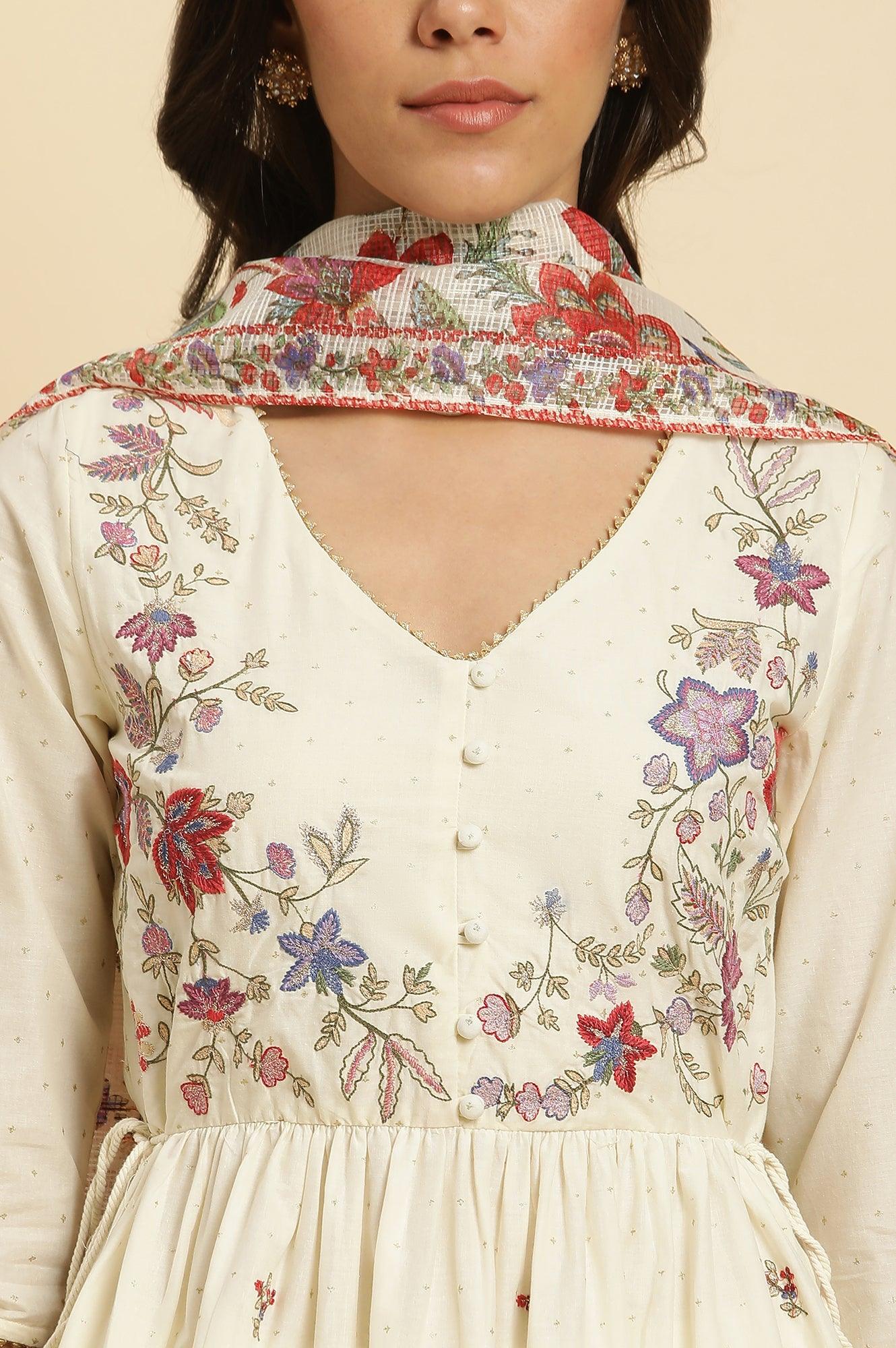 Ecru Printed Kurta & Straight Pants Set - wforwoman