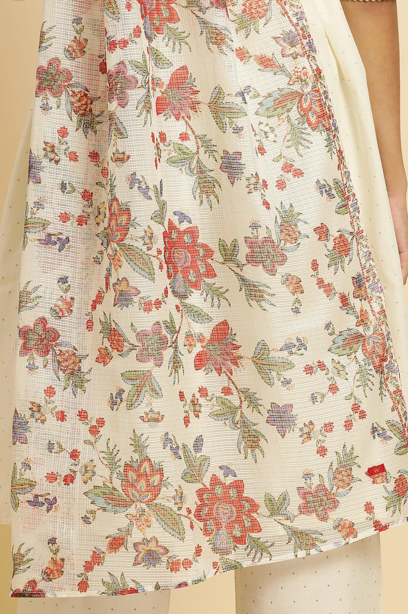 Ecru Printed Kurta & Straight Pants Set - wforwoman