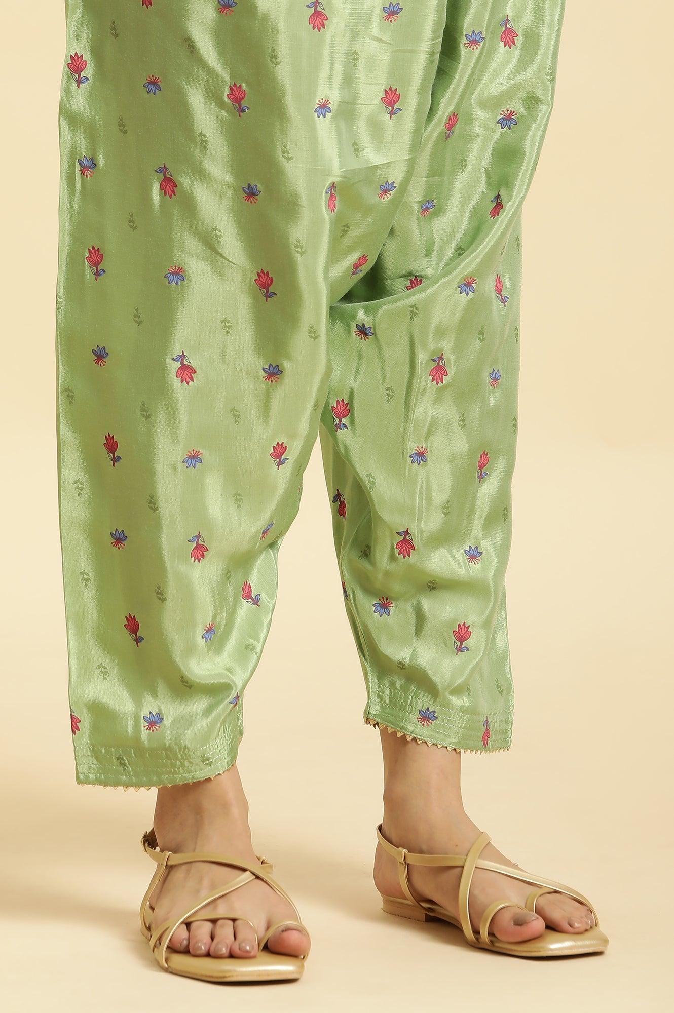 Green Embroidered Kurta, Salwar And Pink Chiffon Dupatta Set - wforwoman