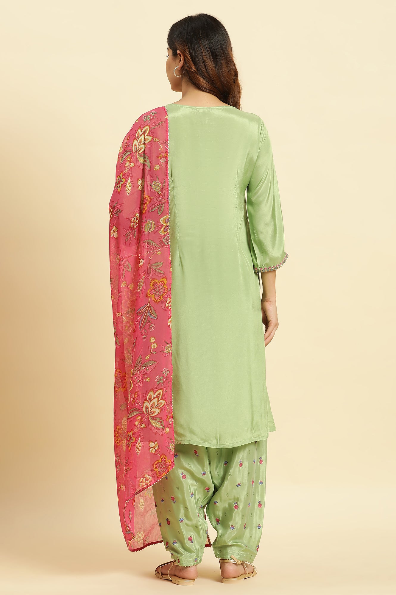 Green Embroidered Kurta, Salwar And Pink Chiffon Dupatta Set - wforwoman