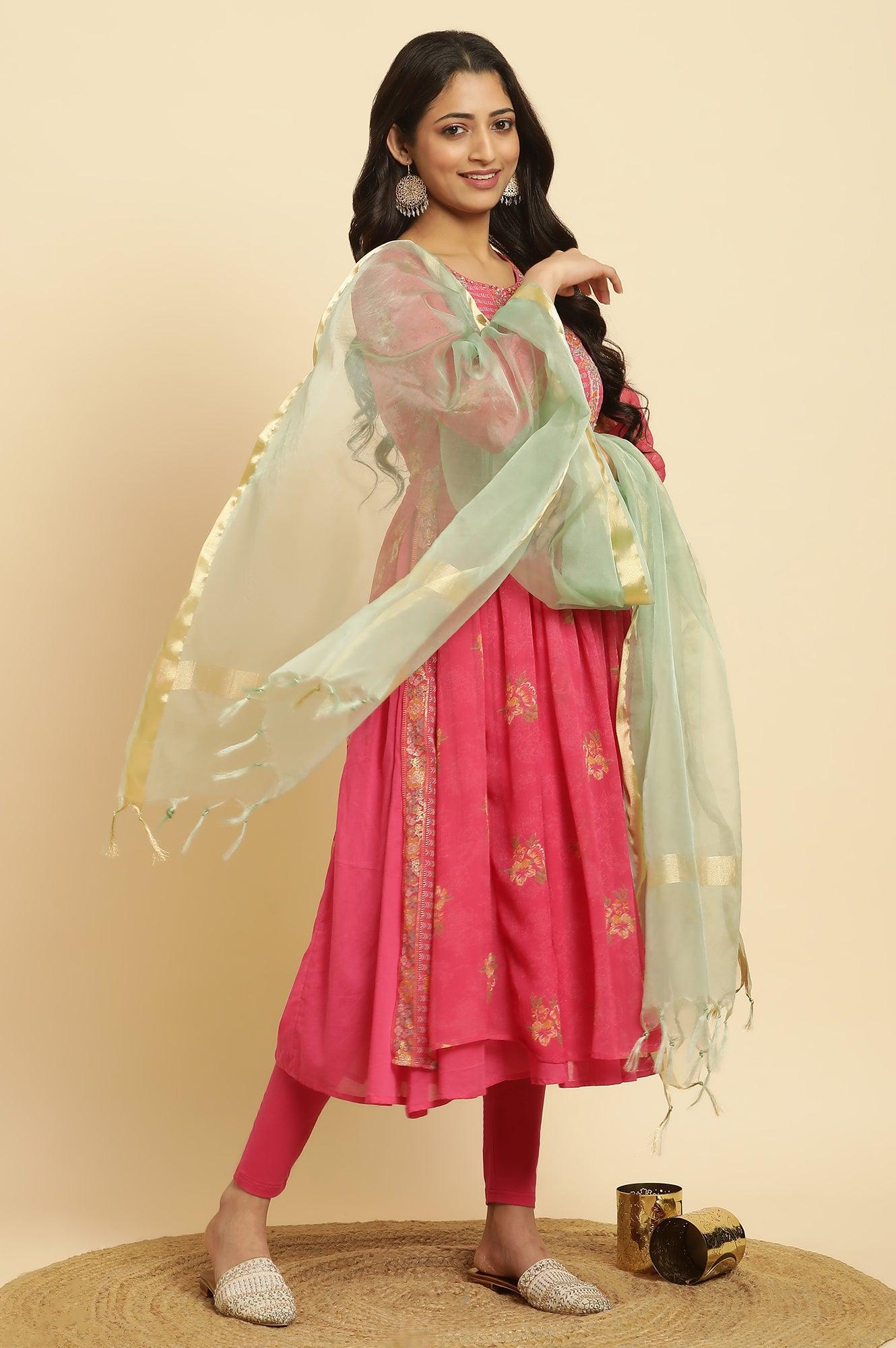 Pink Floral Printed Layered Kurta And Tights And Dupatta Set - wforwoman