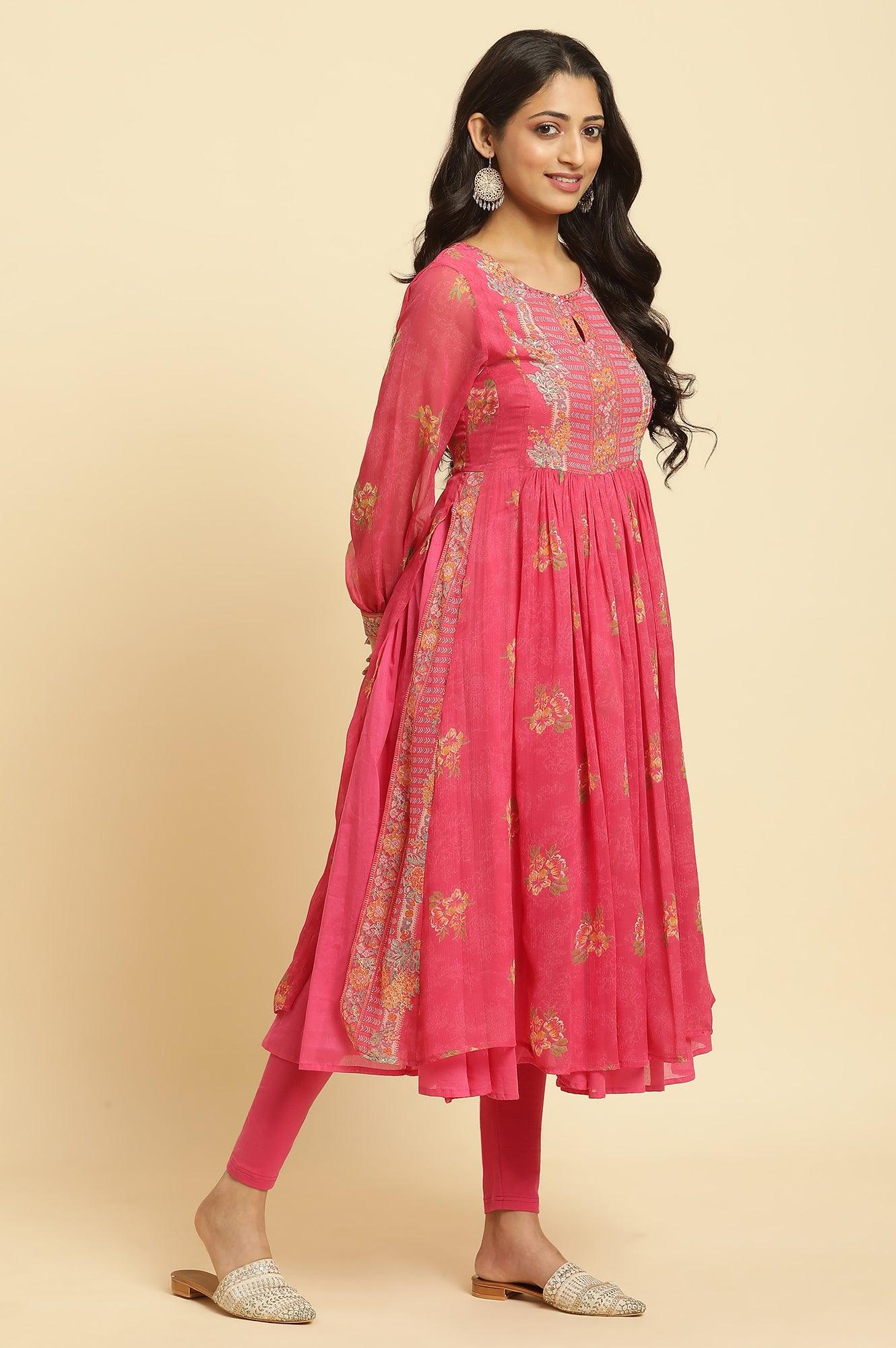 Pink Floral Printed Layered Kurta And Tights And Dupatta Set - wforwoman