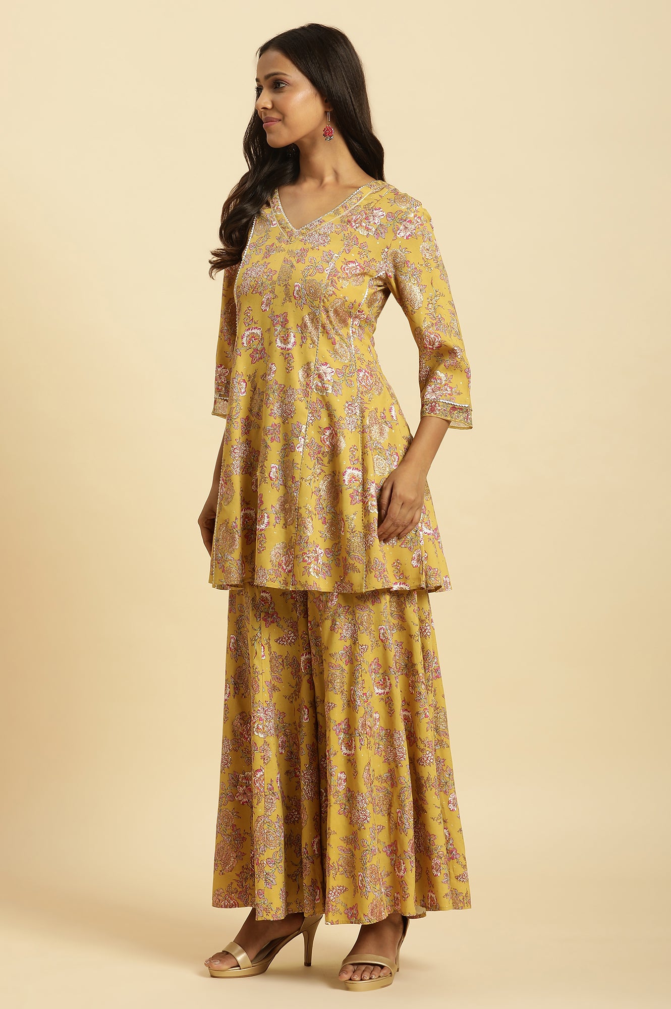 Yellow Floral Printed Short Flared Kurta, Sharara And Dupatta Set - wforwoman