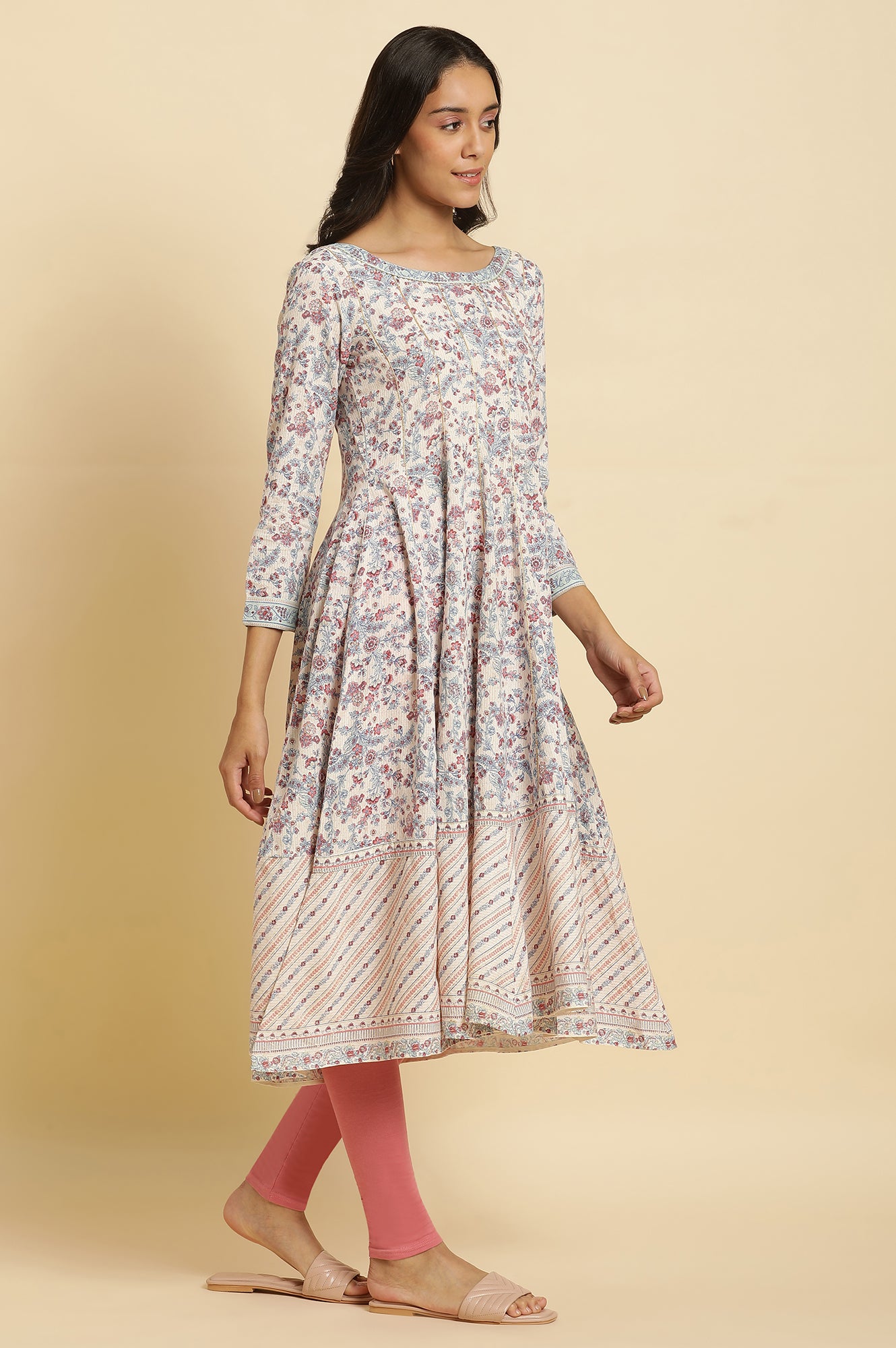 Cream Floral Printed Flared Kurta, Tights & Dupatta Set