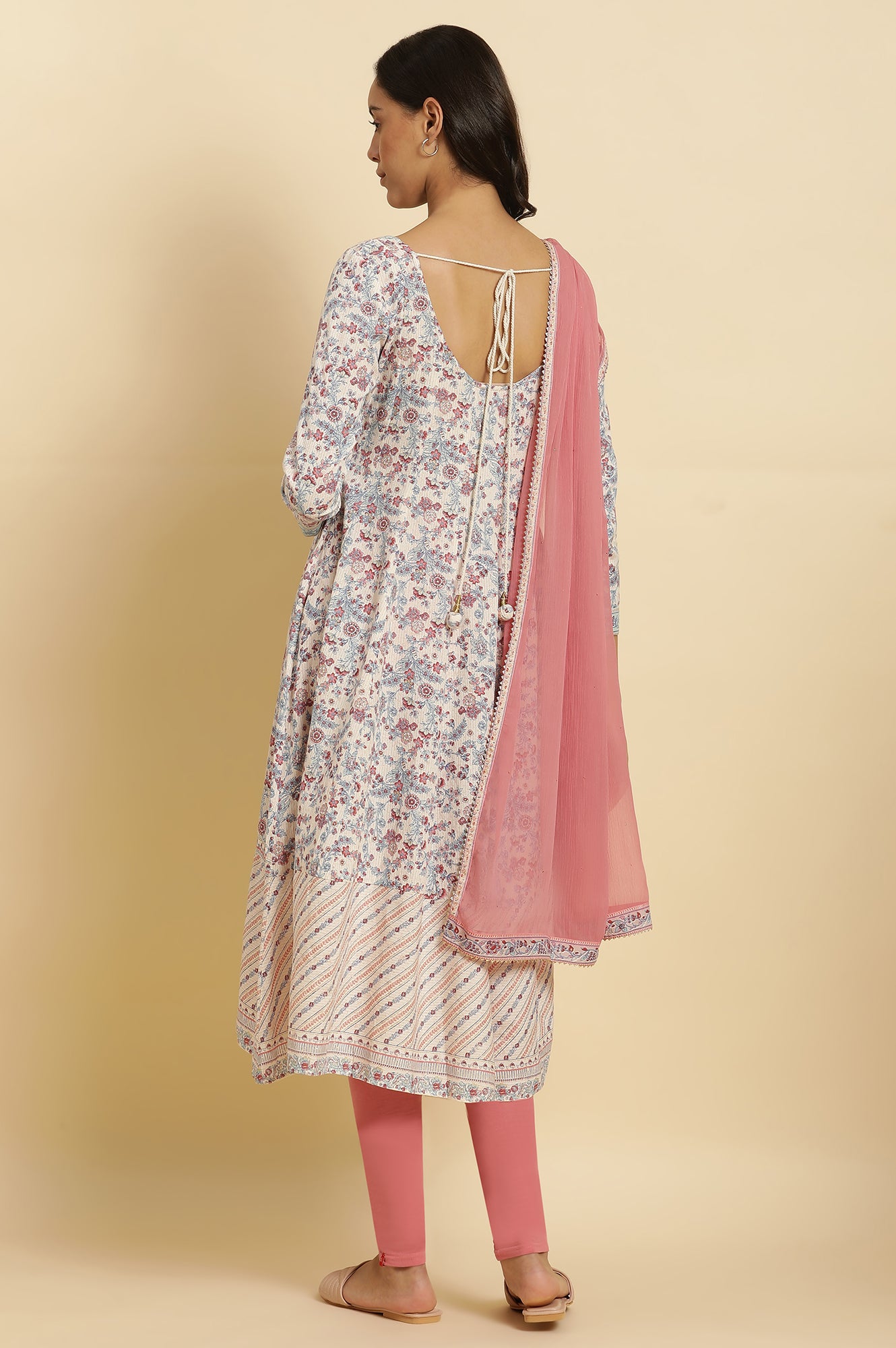 Cream Floral Printed Flared Kurta, Tights & Dupatta Set - wforwoman