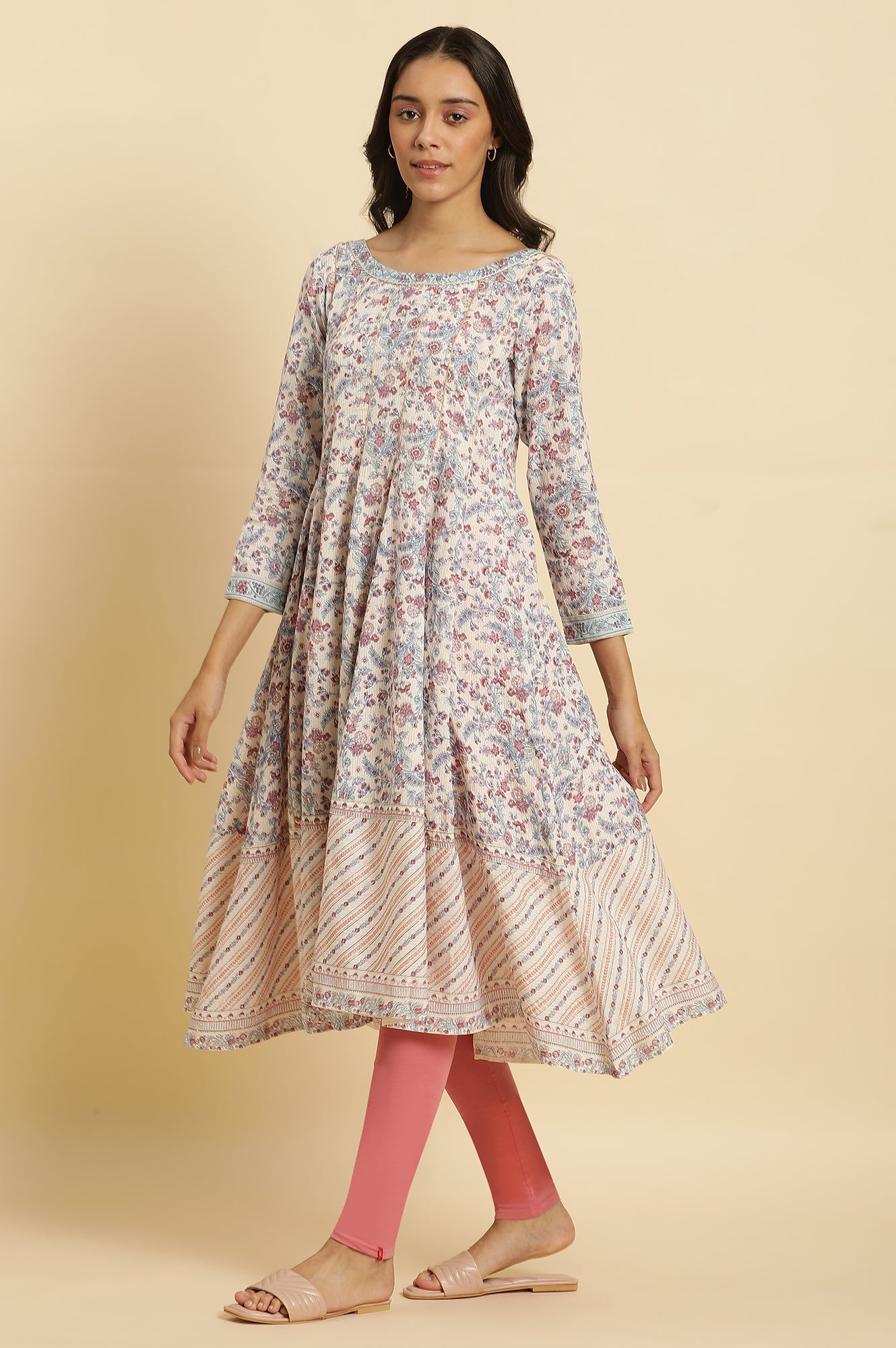 Cream Floral Printed Flared Kurta, Tights & Dupatta Set