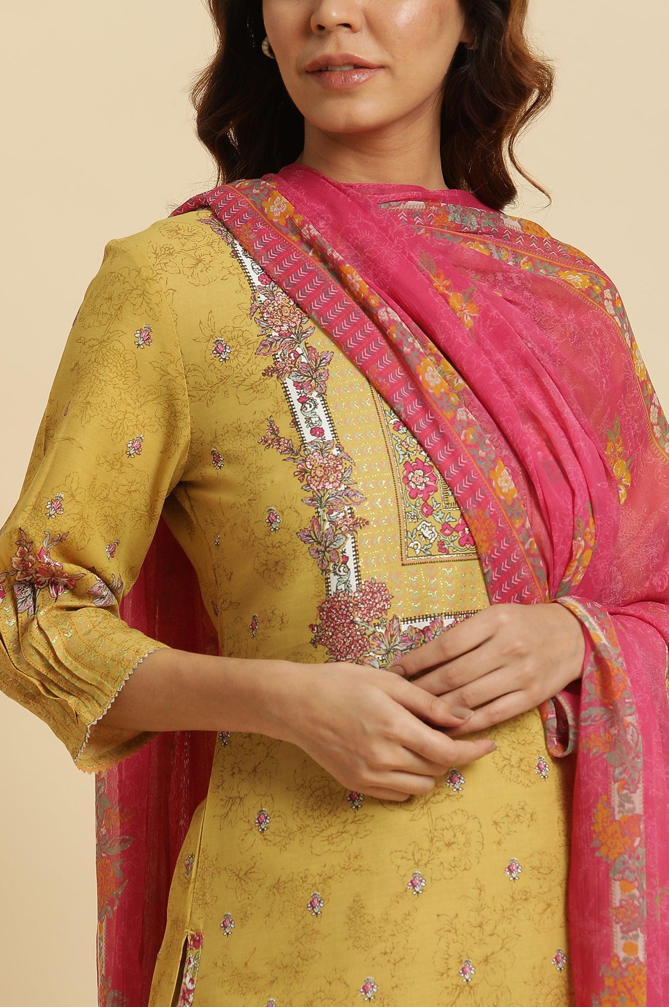 Yellow Floral Printed Kurta, Pants And Pink Dupatta Set - wforwoman