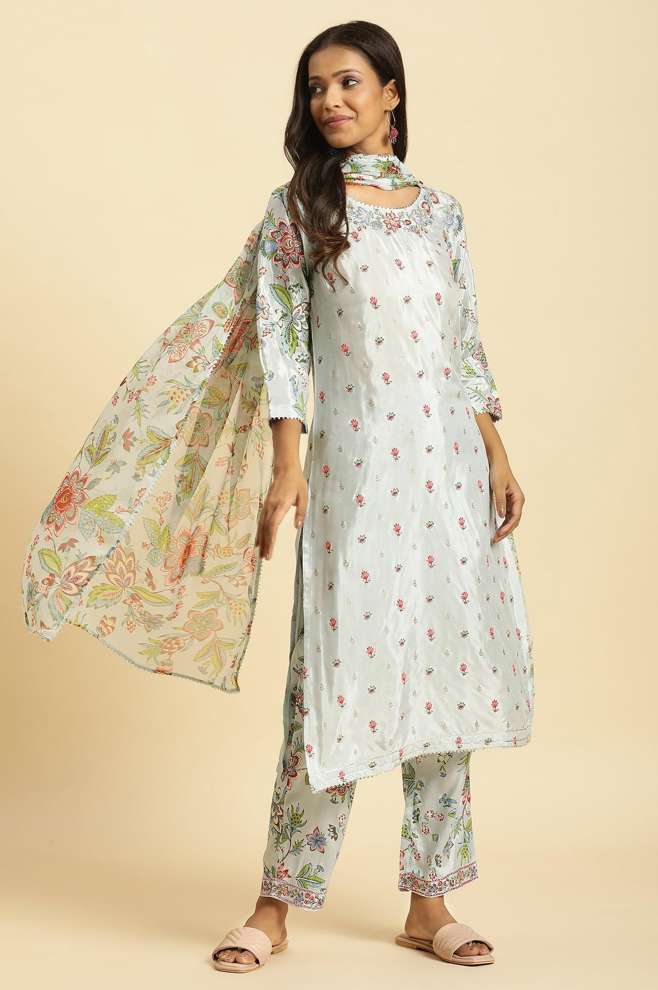 Sky Blue Floral Printed Kurta, Pants And Dupatta Set - wforwoman