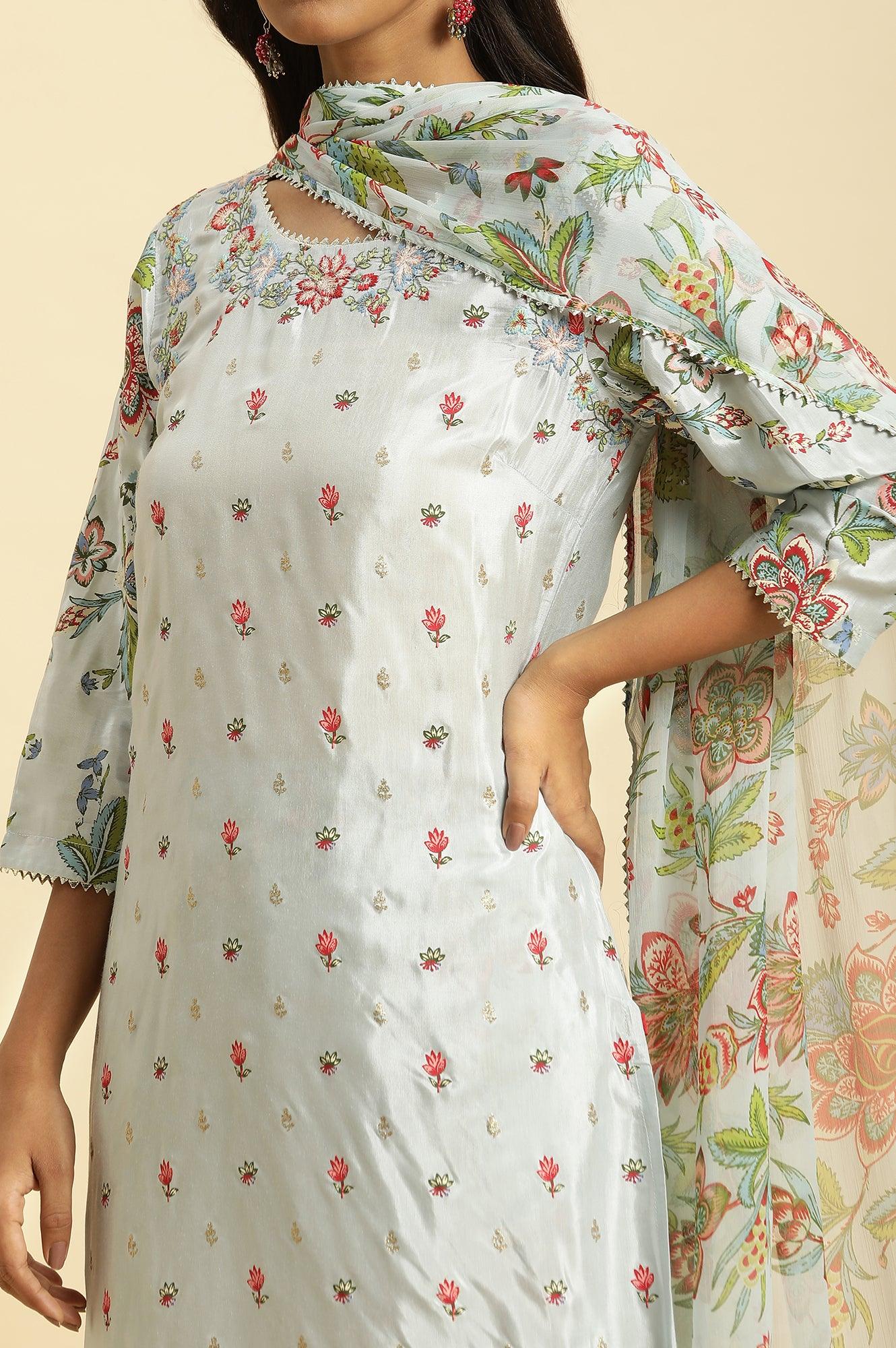 Sky Blue Floral Printed Kurta, Pants And Dupatta Set - wforwoman