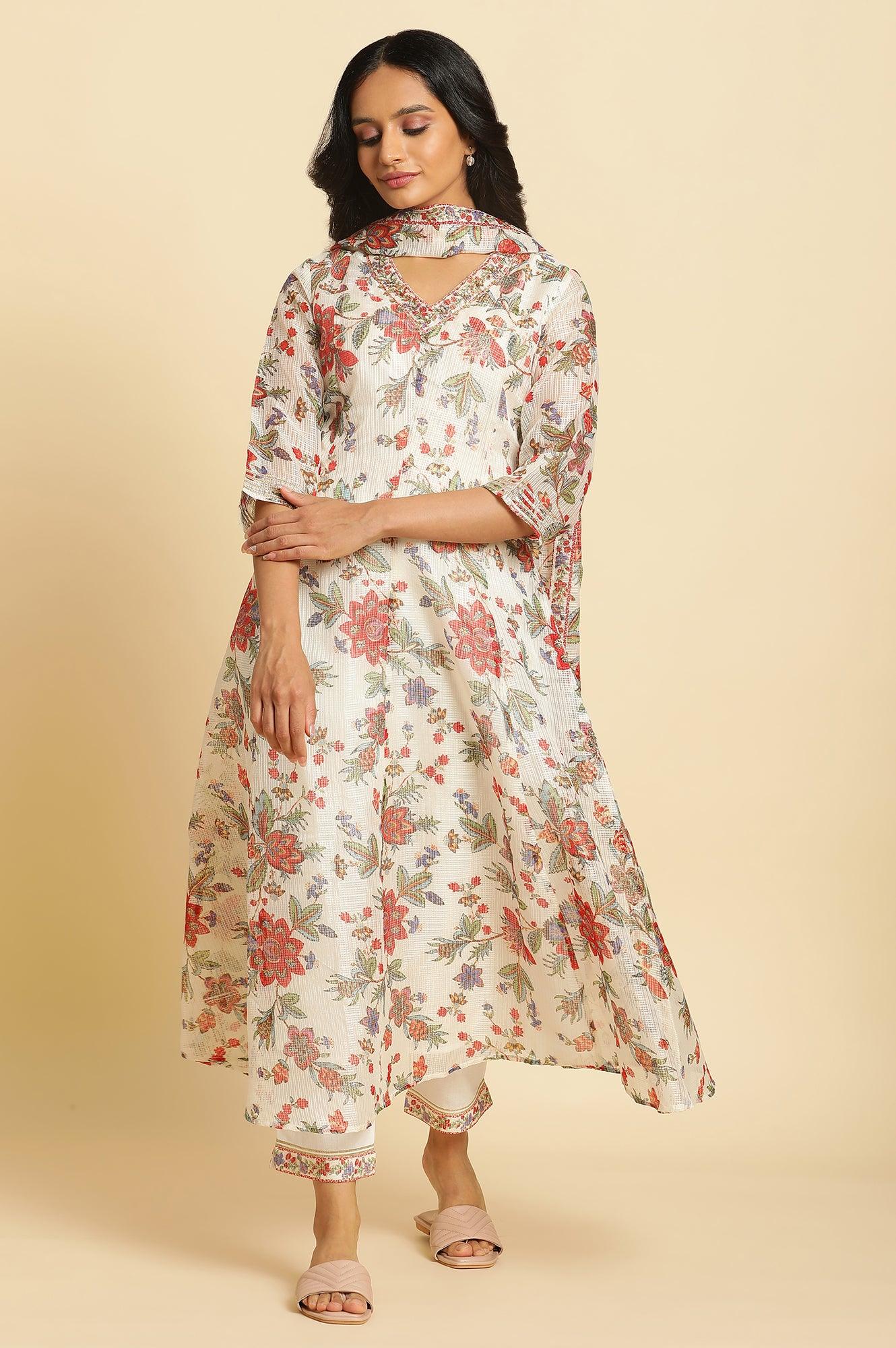 Buy Ecru Printed Panelled Kurta, Pants And Dupatta Set 5999 W