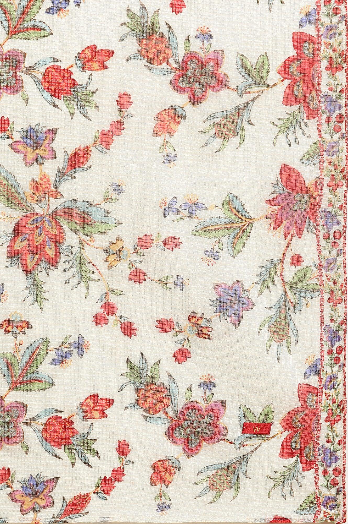 Ecru Printed Panelled Kurta, Pants And Dupatta Set - wforwoman