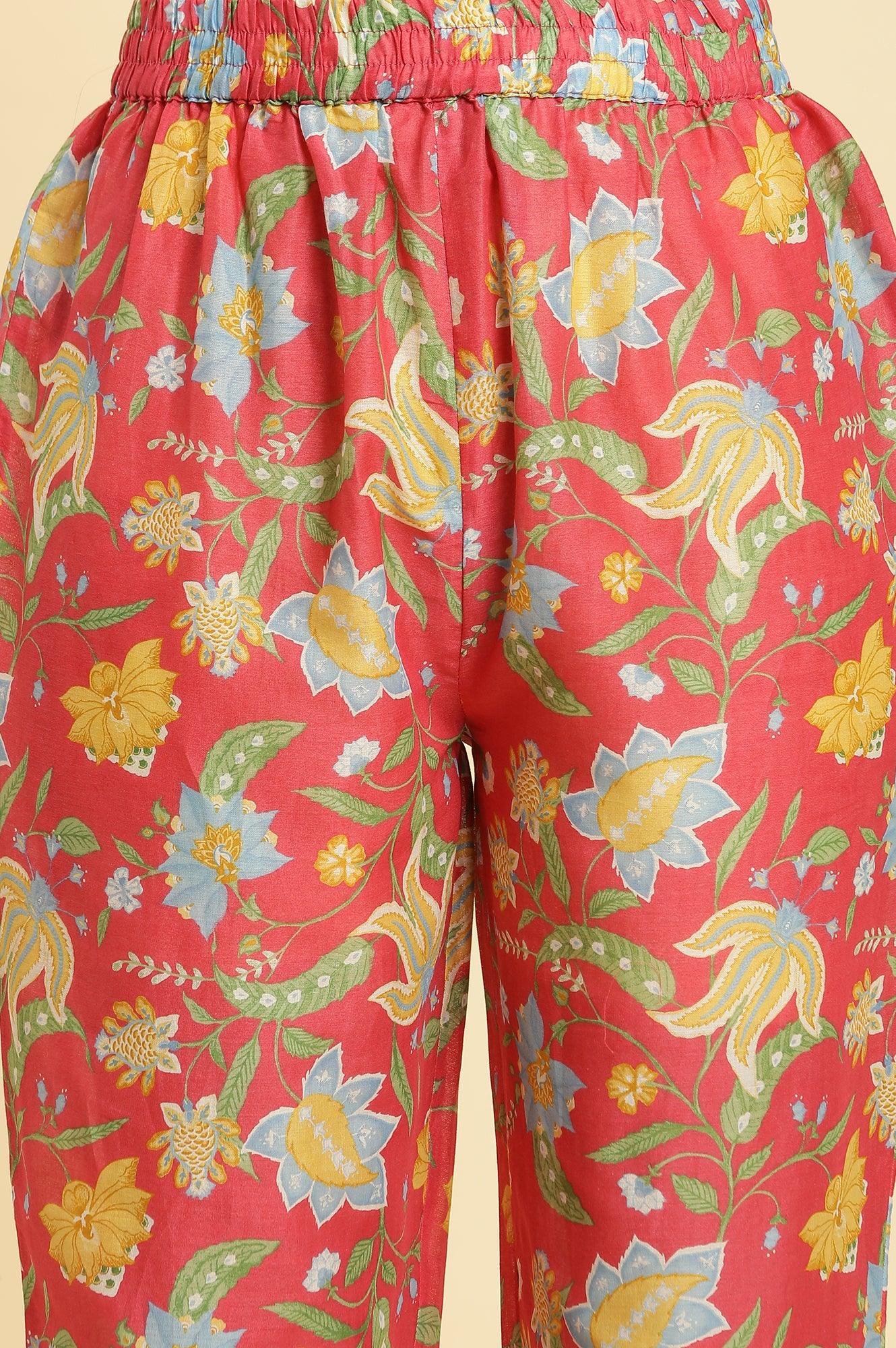 Red Chintz Gathered Kurta, Pants And Dupatta Set - wforwoman