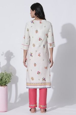 White Floral Printed Rayon Flax Kurta And Slim Pants Set