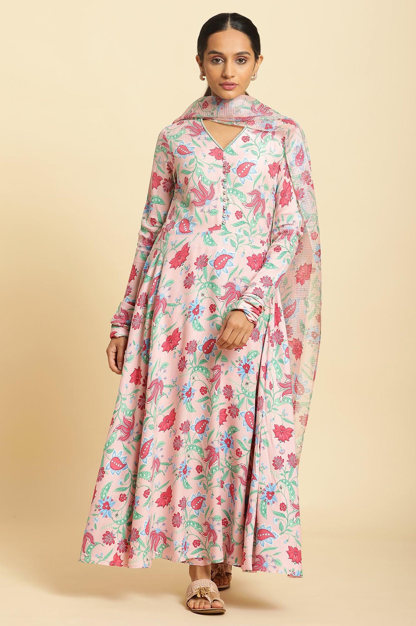 Buy Flamingo Pink Floral Printed Anarkali Kurta, Pants And Dupatta