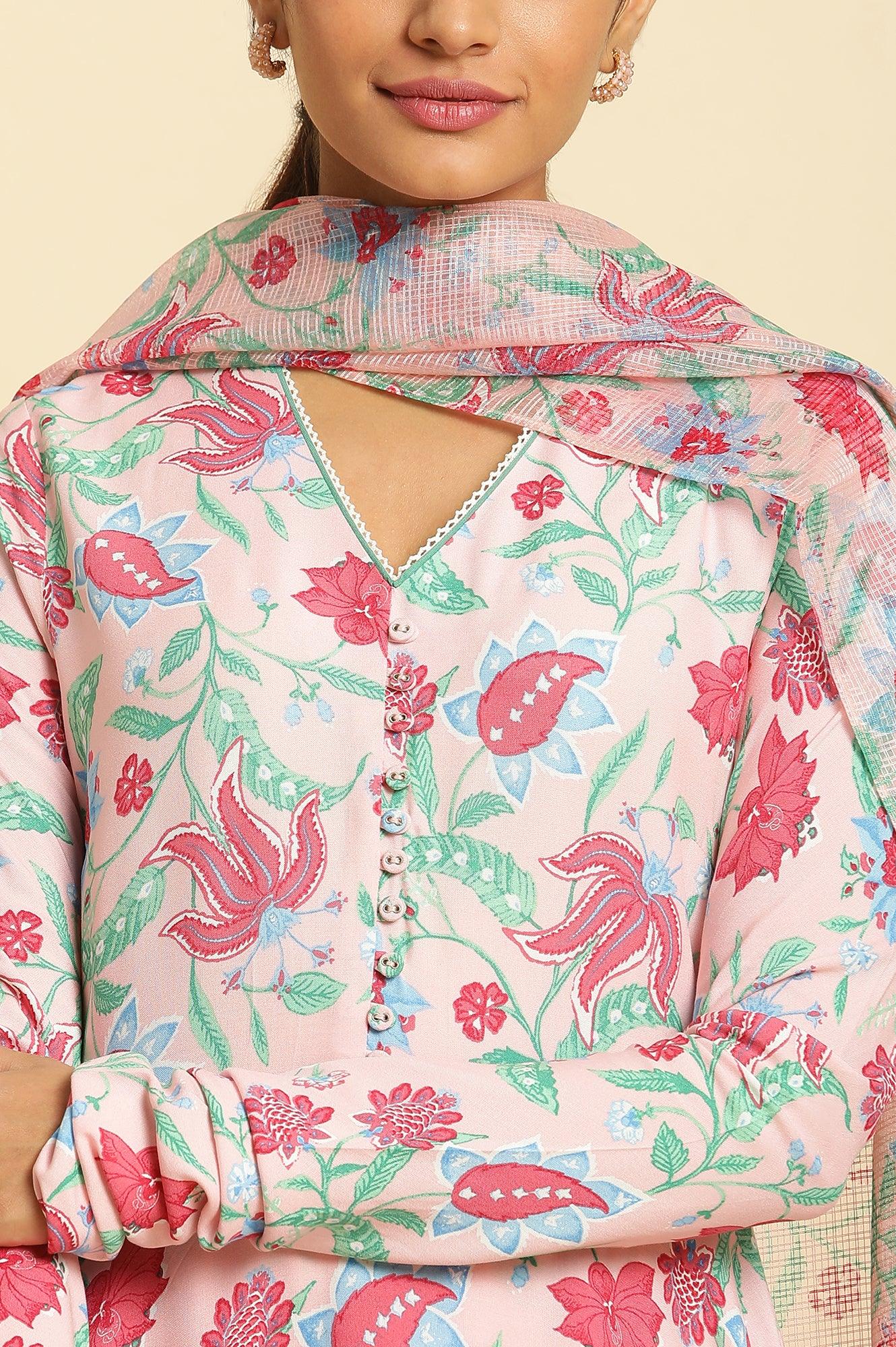 Flamingo Pink Floral Printed Anarkali Kurta, Pants And Dupatta Set - wforwoman