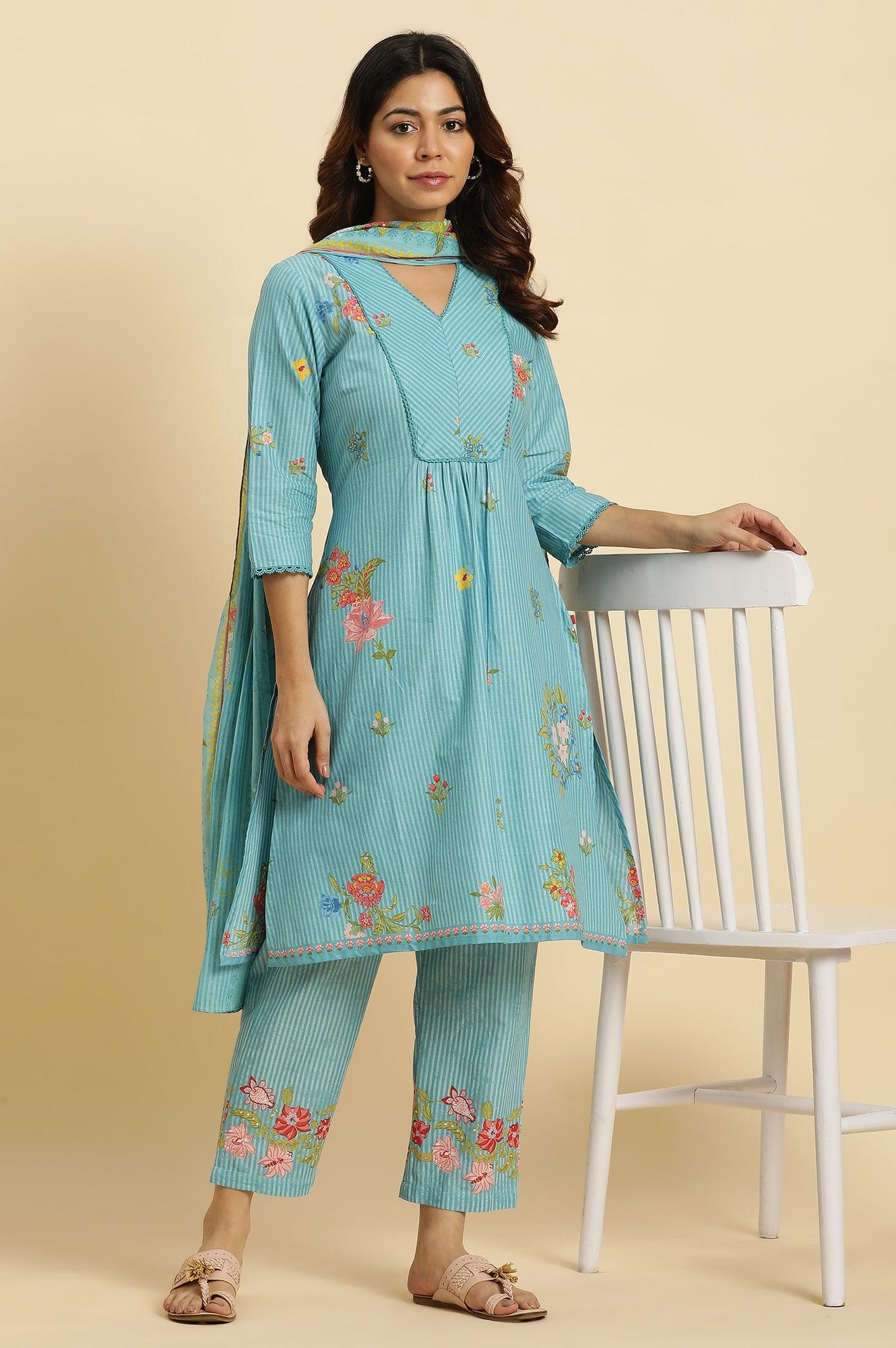 Blue Floral Printed Kurta, Pants And Dupatta Set - wforwoman